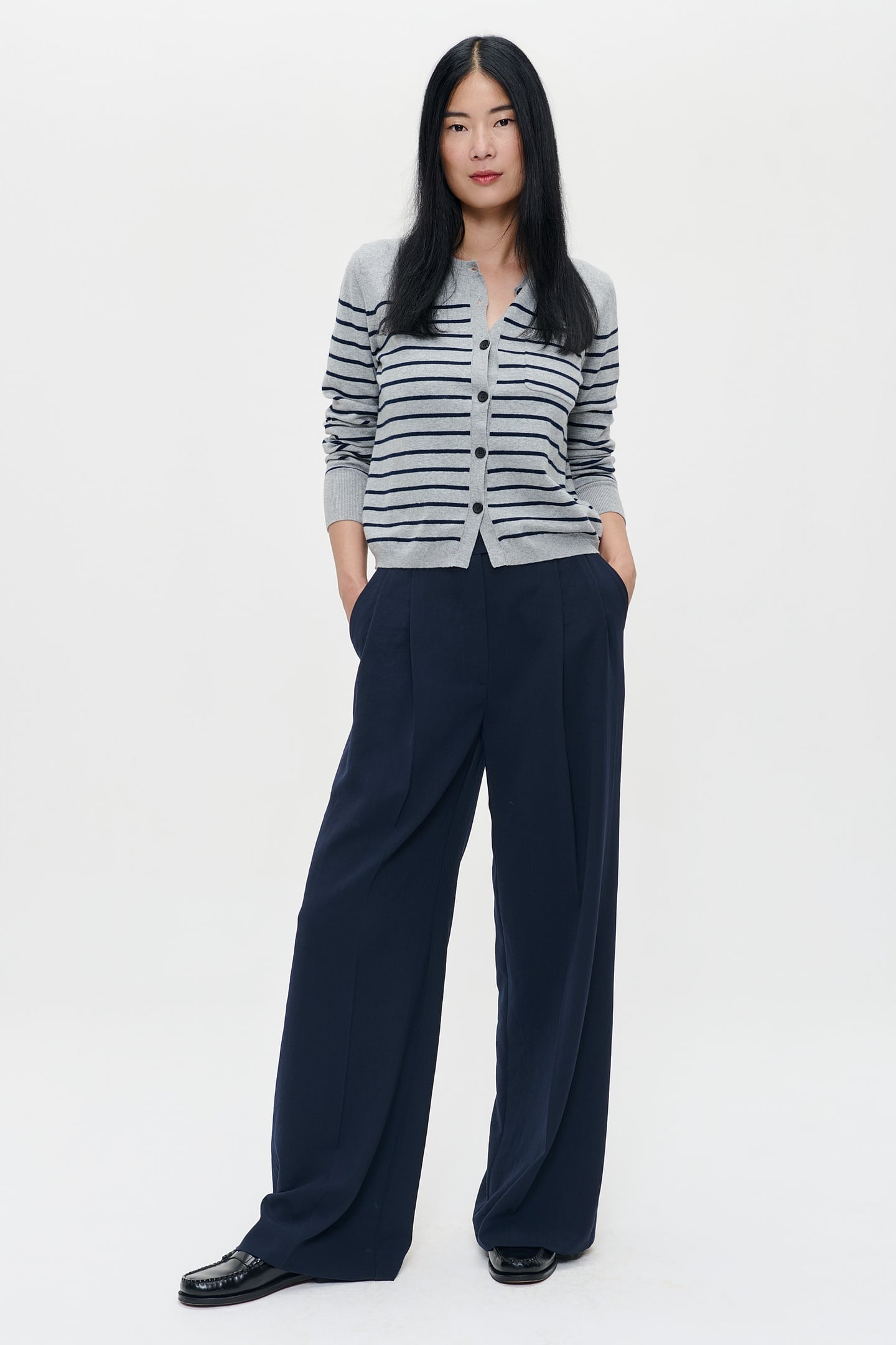 CASHMERE CARDIGAN GREY/MIDNIGHT STRIPE 2