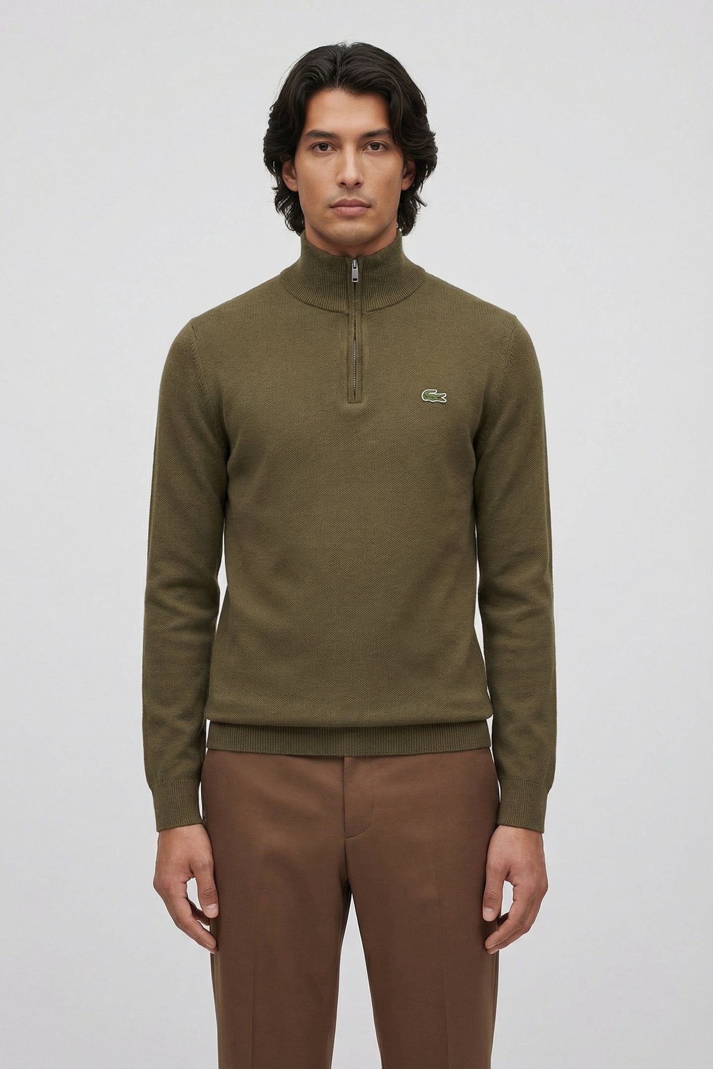 ZIPPED HIGH NECK COTTON SWEATER OLIVE 1