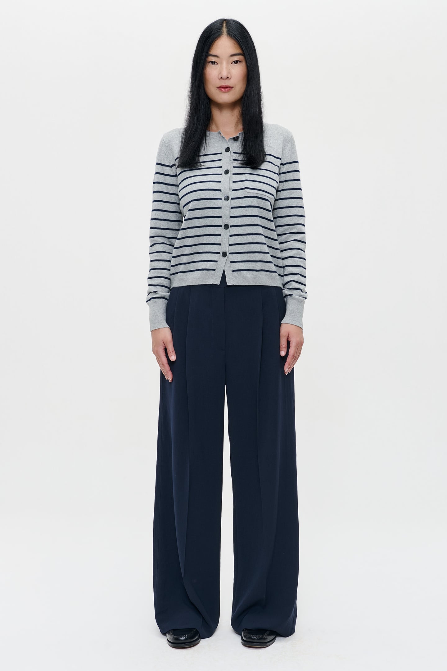 CASHMERE CARDIGAN GREY/MIDNIGHT STRIPE 3