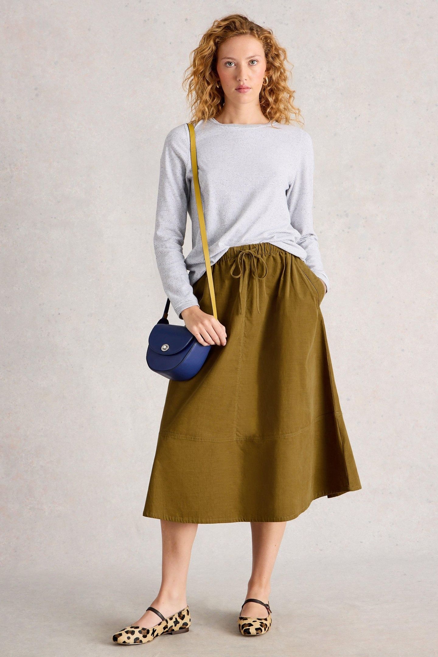 TILLY CORD MIDI SKIRT KHAKI GREEN 1