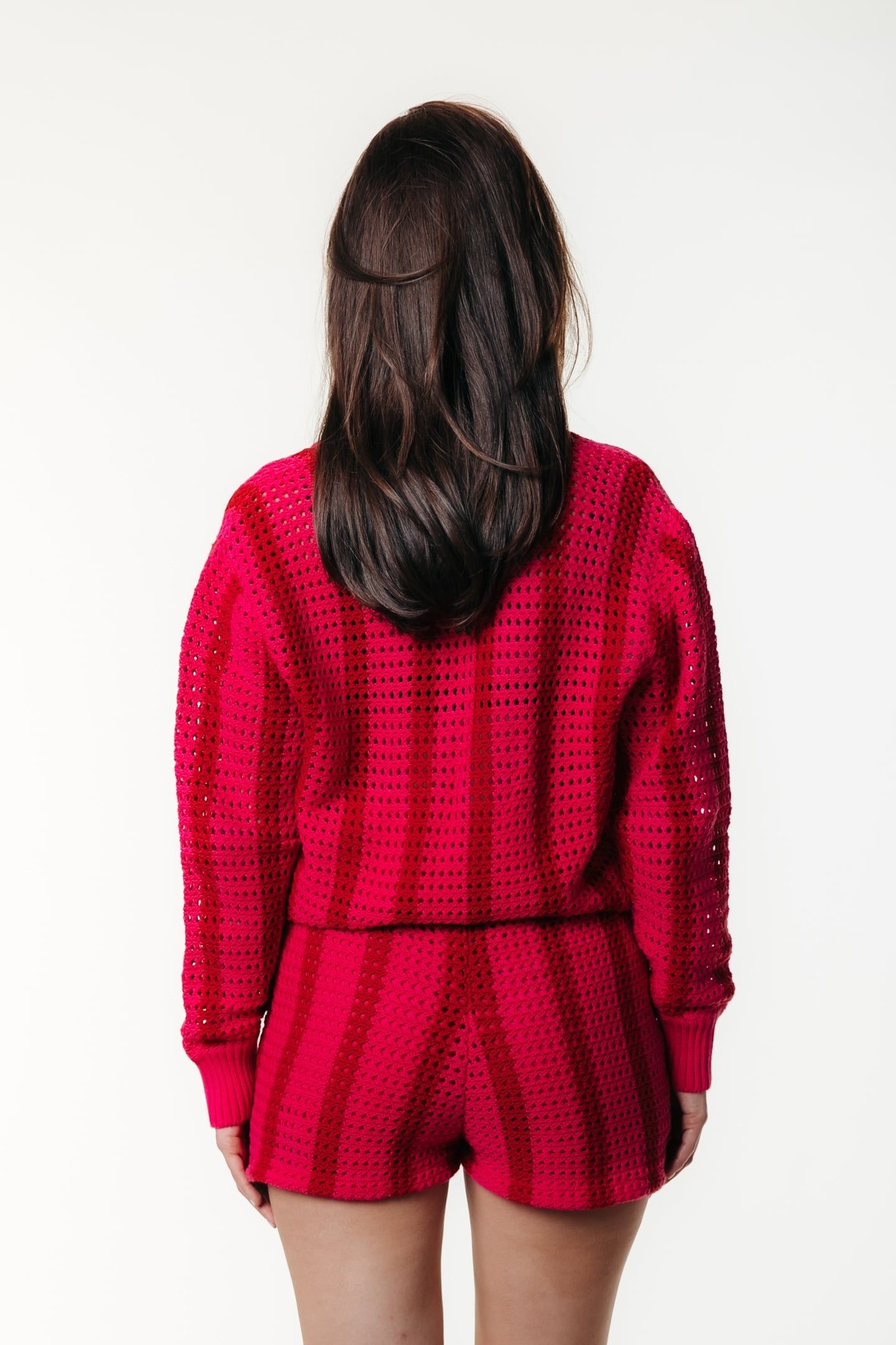 LIZZA CROCHET STRIPE V-NECK SWEATER MEDIUM BRIGHT PINK 2