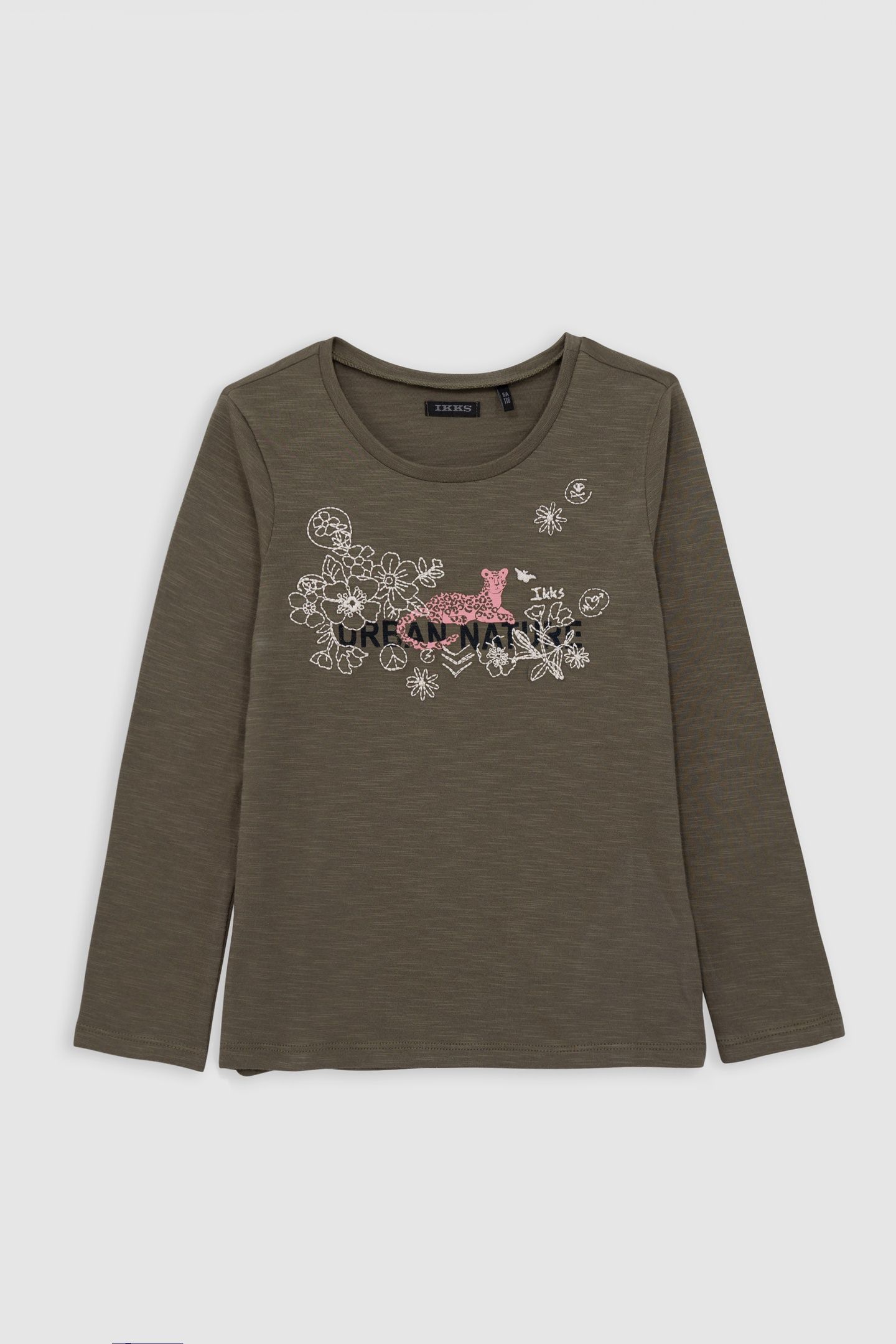 GIRL'S KHAKI ORGANIC COTTON FLOWERS & LEOPARD T-SHIRT 1