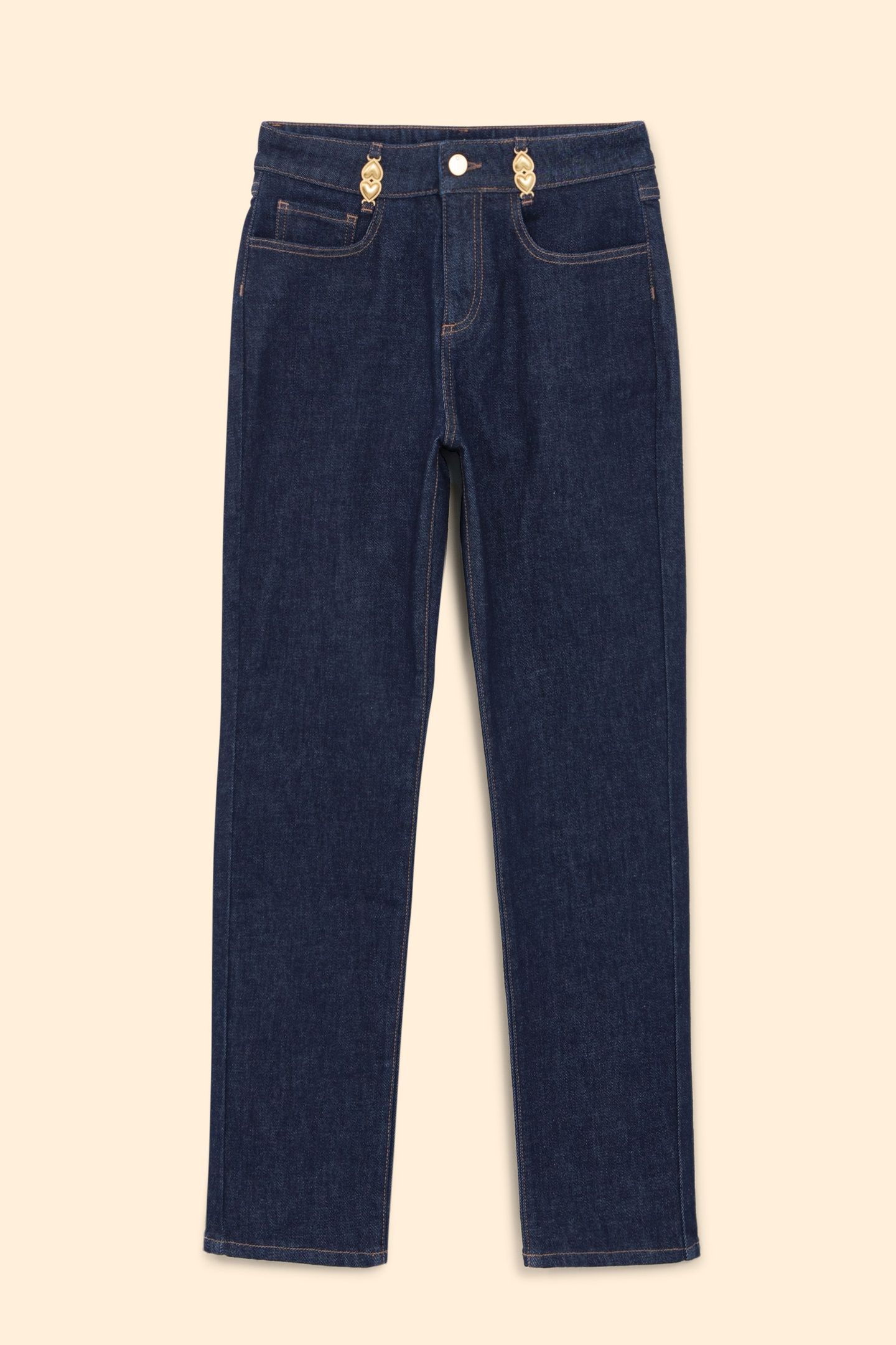 BLUE STRAIGHT JEANS WITH METAL DOUBLE HEART LOOPS DARK BLUE 5