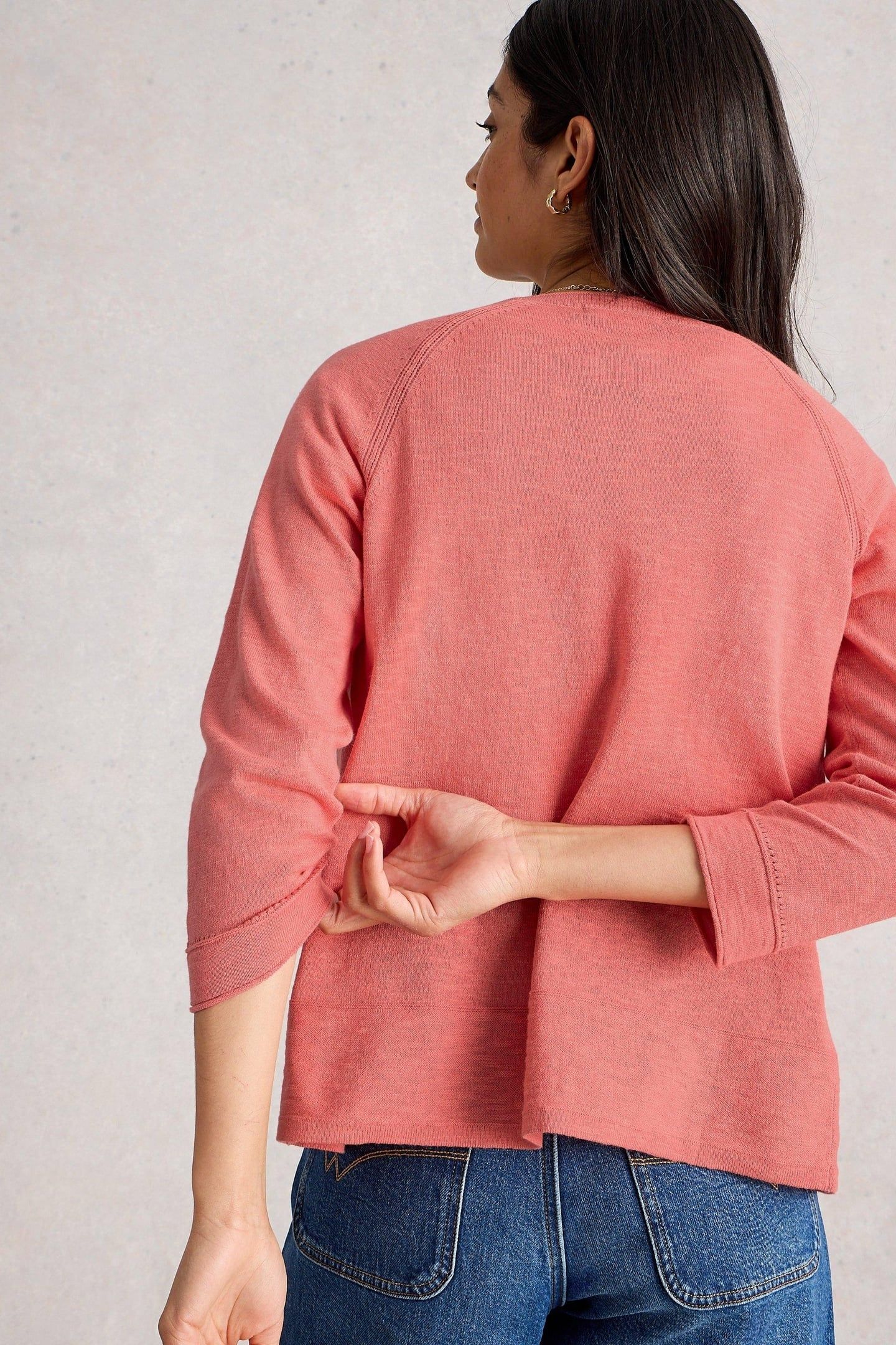 NARIA LINEN BLEND CARDI MID CORAL 2