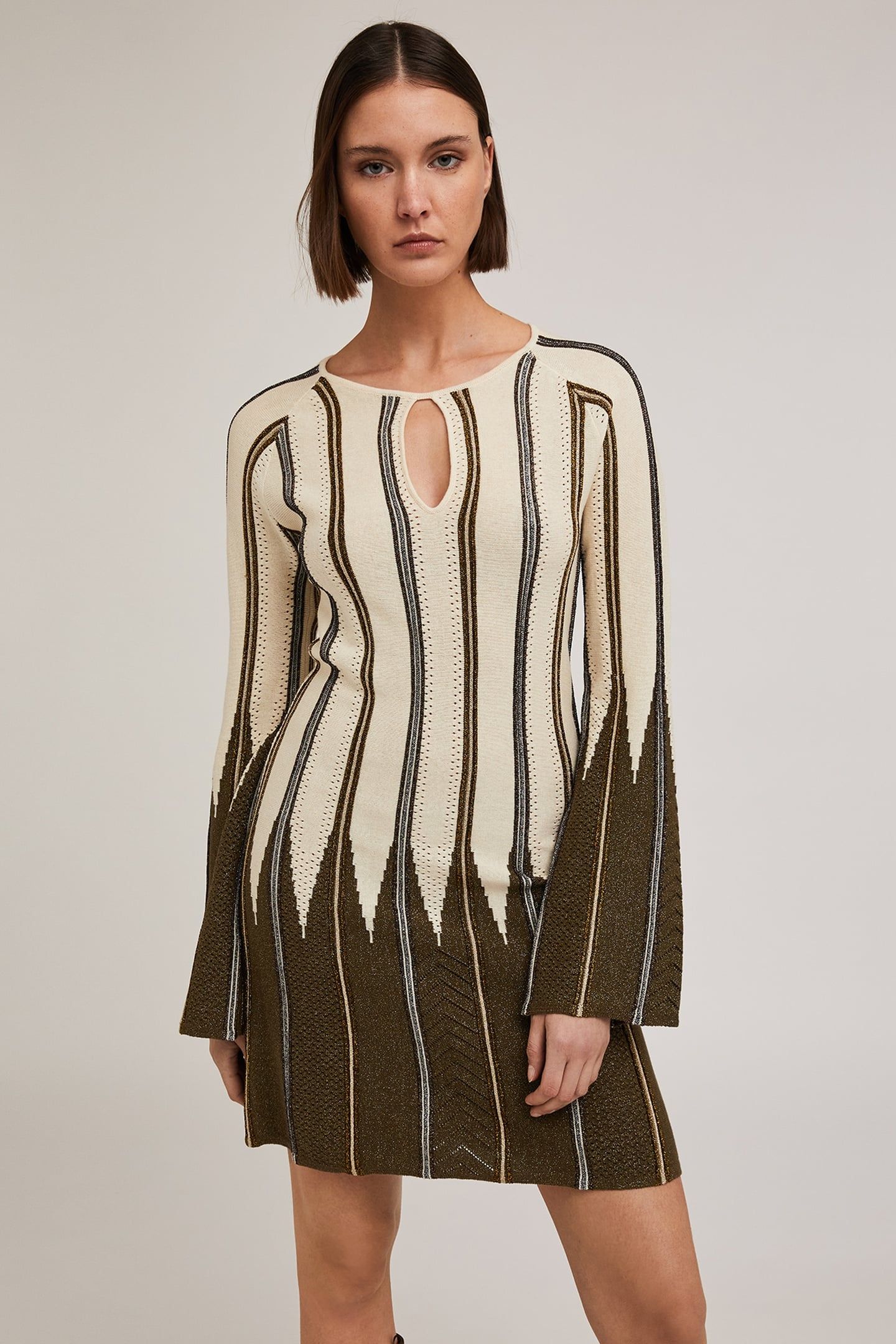 PLEATED EFFECT LUREX KNIT STRIPED DRESS MILITARY GREEN 1