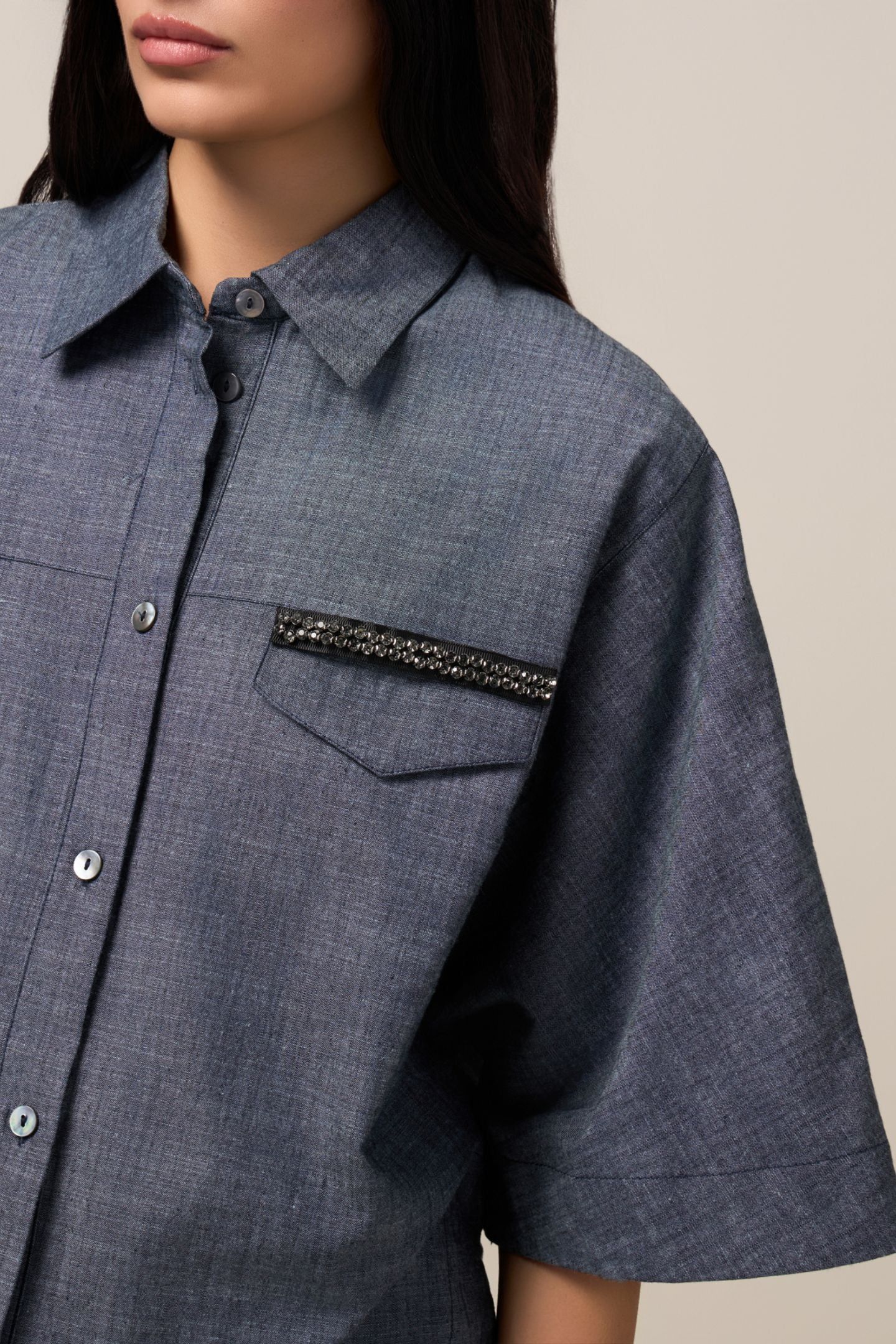 OVERSIZED DENIM-EFFECT LINEN BLEND SHIRT BLUE 4