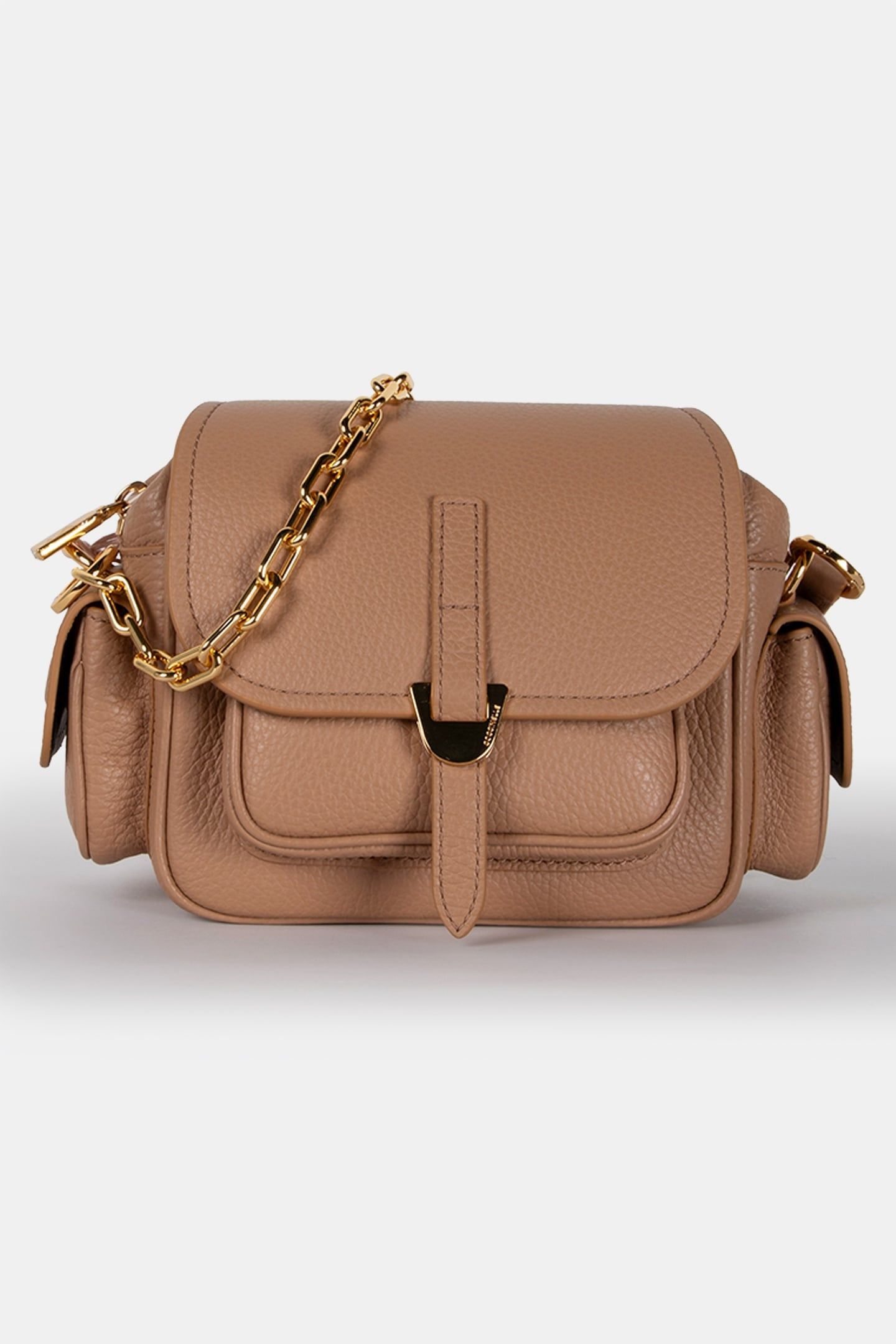 LEATHER CROSS BODY BAG WITH CHAIN STRAP IN BEIGE 2