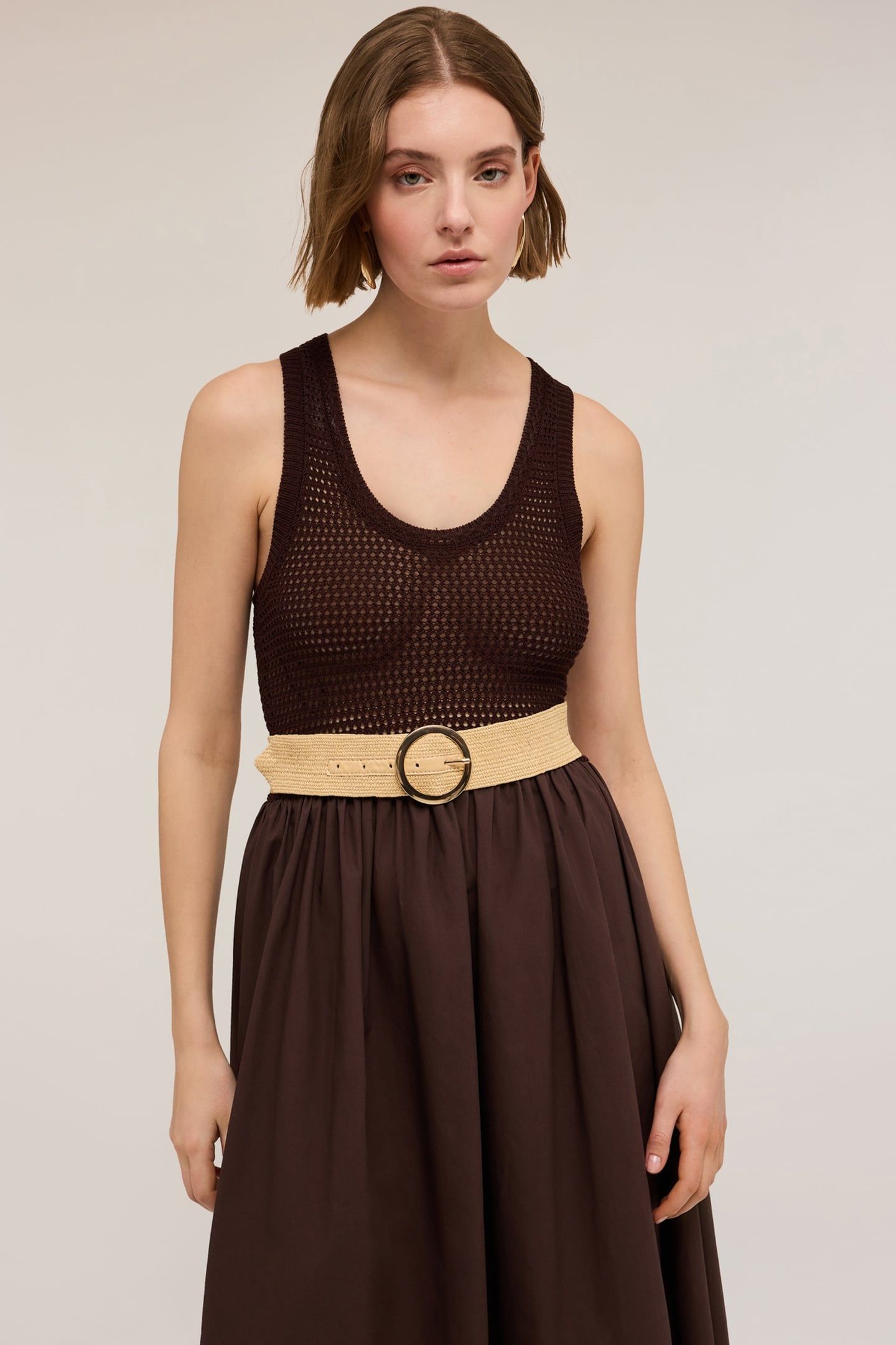 OPENWORK KNIT DRESS WITH BODICE BROWN 4