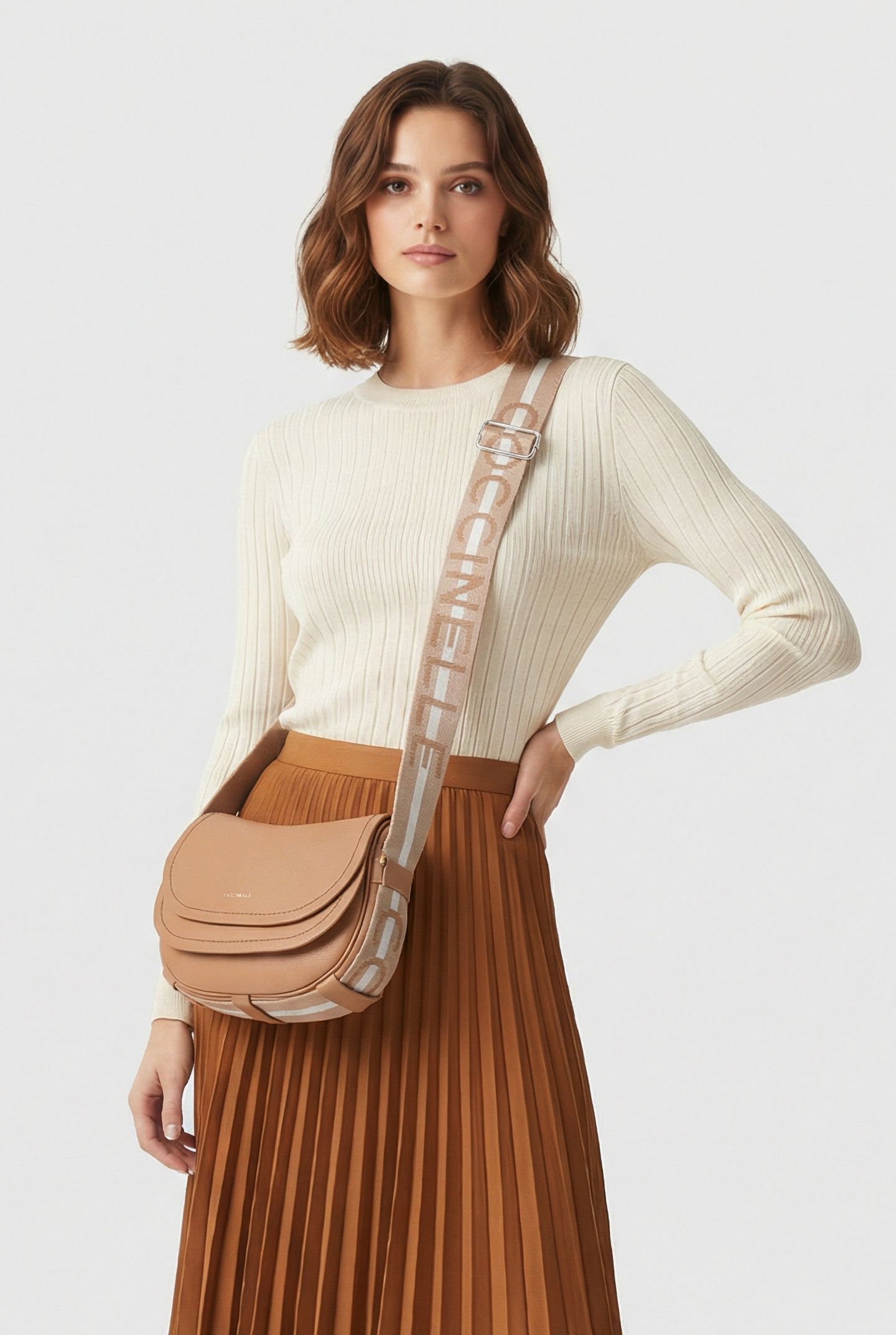 CROSS BODY BAG WITH LOGO STRAP IN BEIGE 1