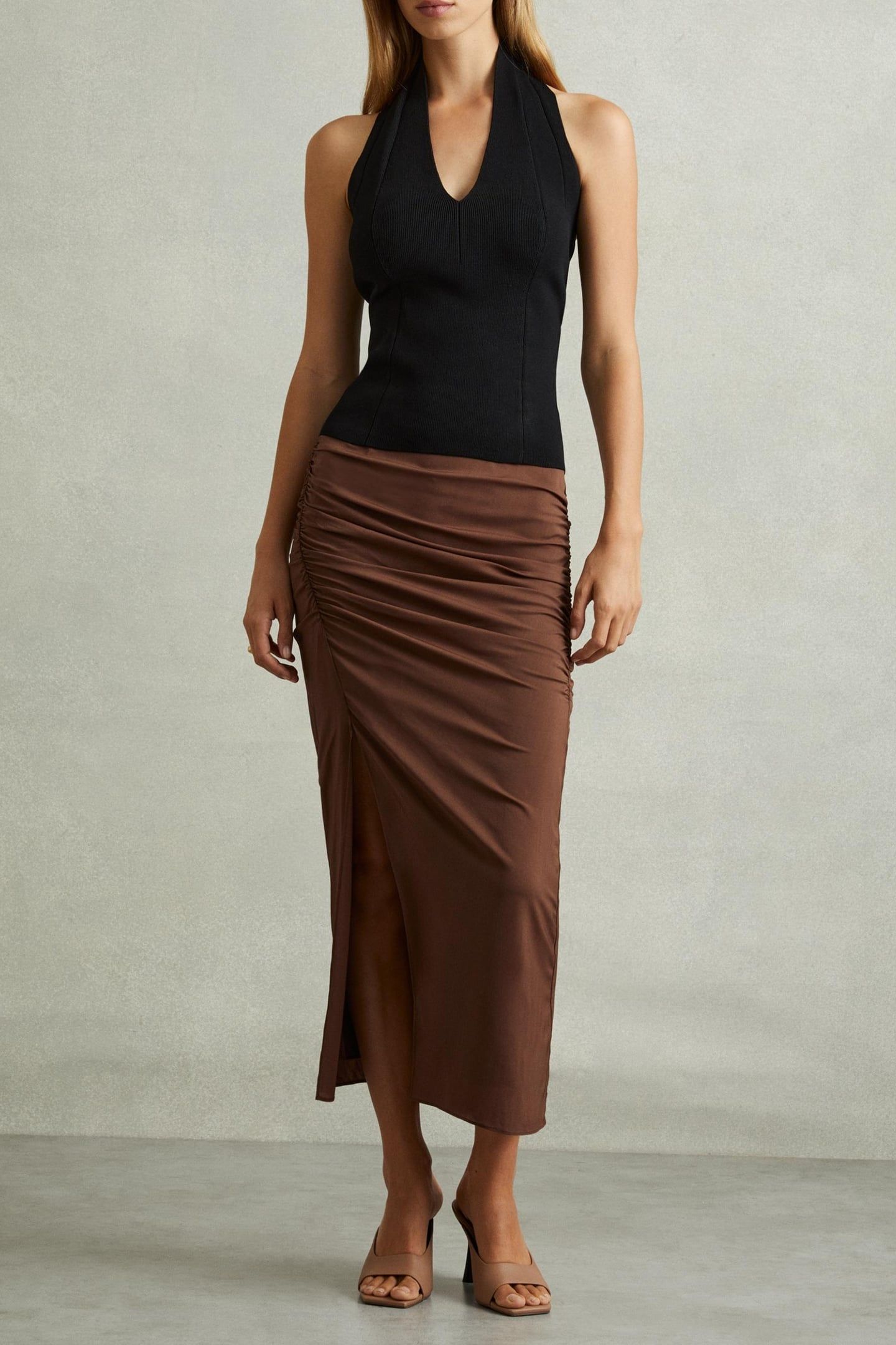 RUCHED MIDI SKIRT CHOCOLATE 2