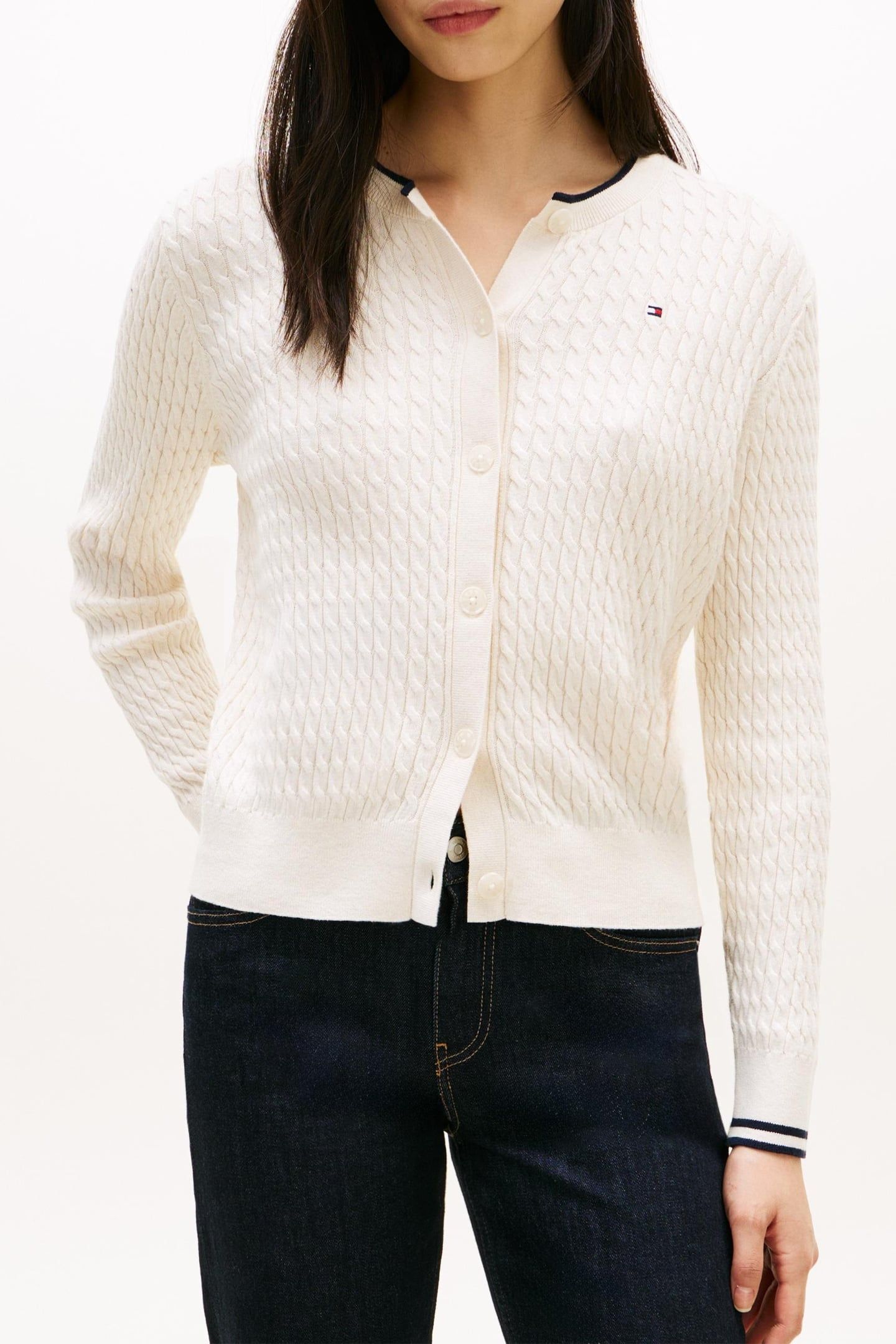 CABLE KNIT CARDIGAN IVORY PETAL TIPPING 1