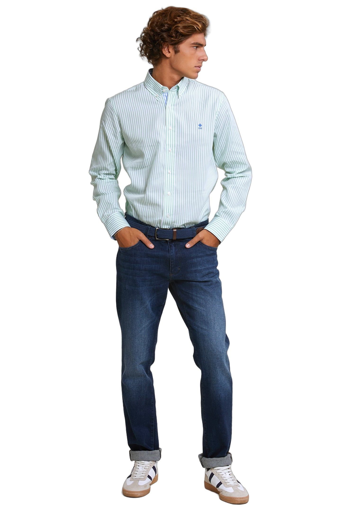CUSTOM FIT STRIPED COTTON SHIRT GREEN/WHITE 2
