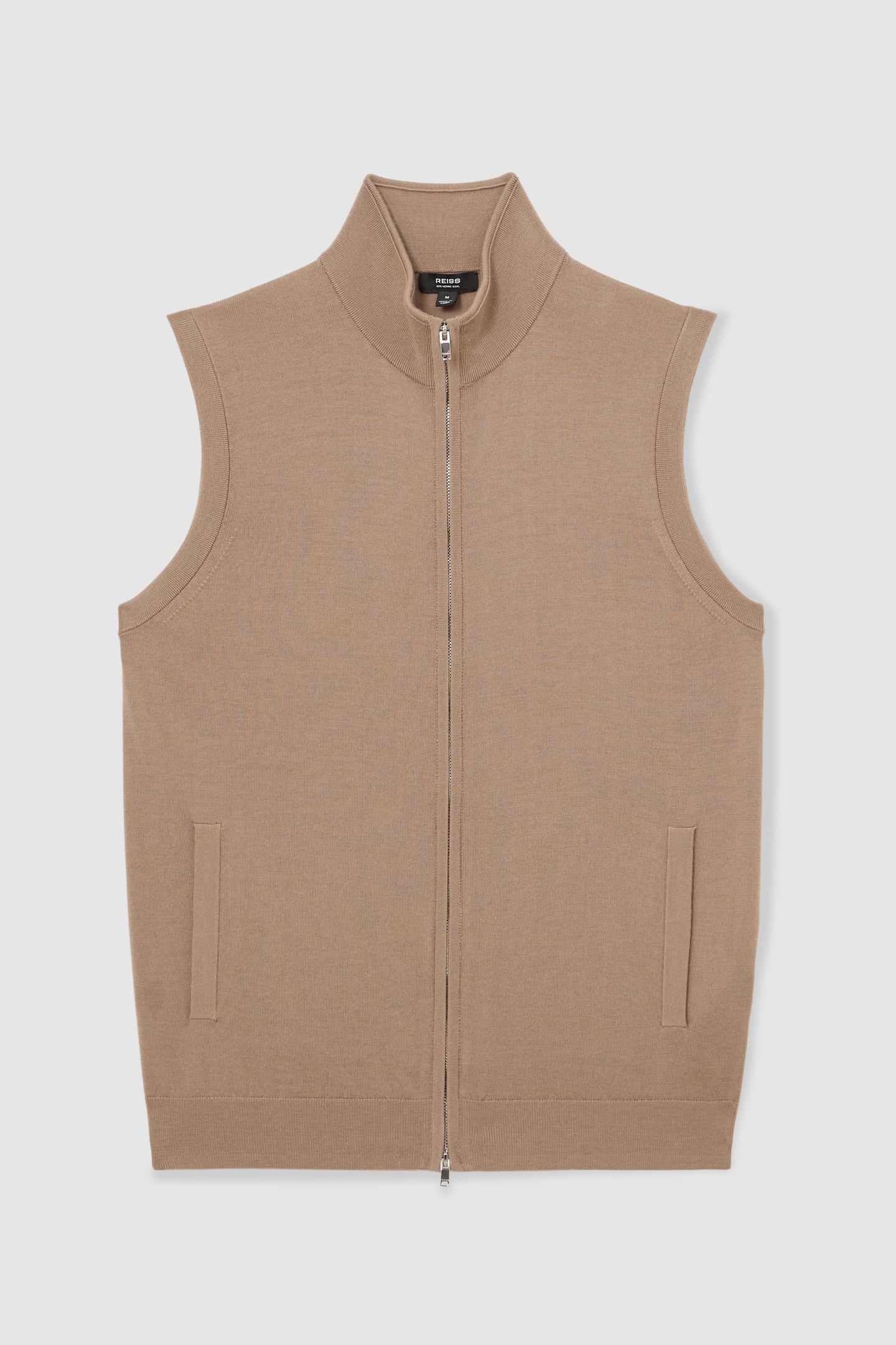 SLEEVELESS ZIP THROUGH FUNNEL NECK MERINO GILET CAMEL BROWN 4