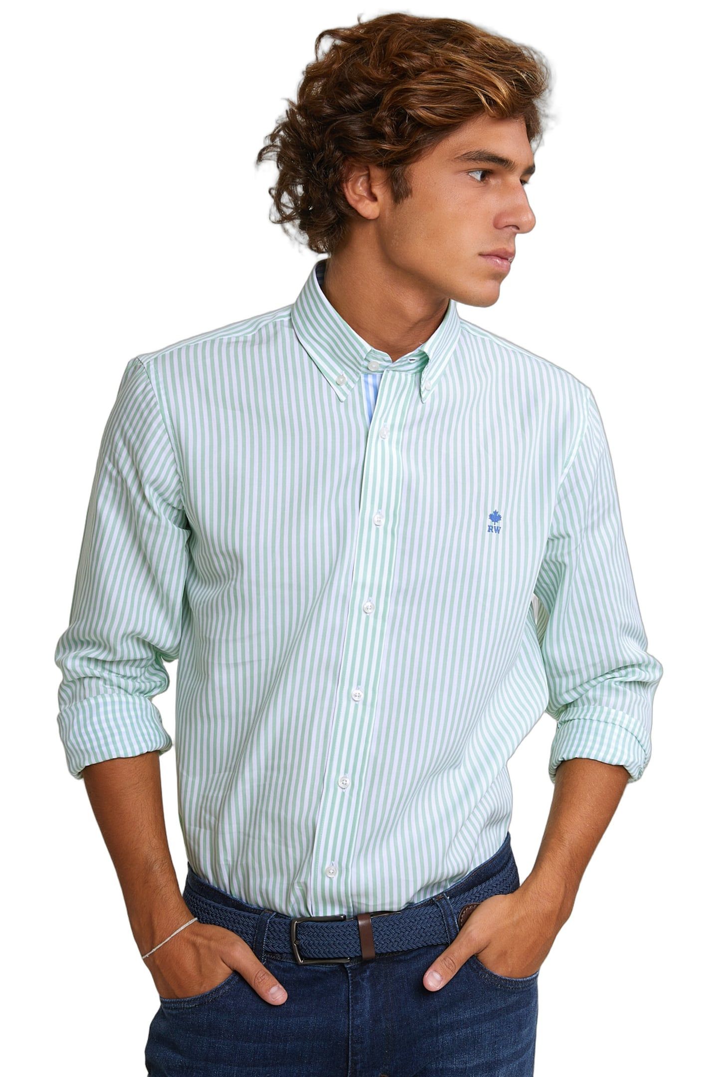 CUSTOM FIT STRIPED COTTON SHIRT GREEN/WHITE 1