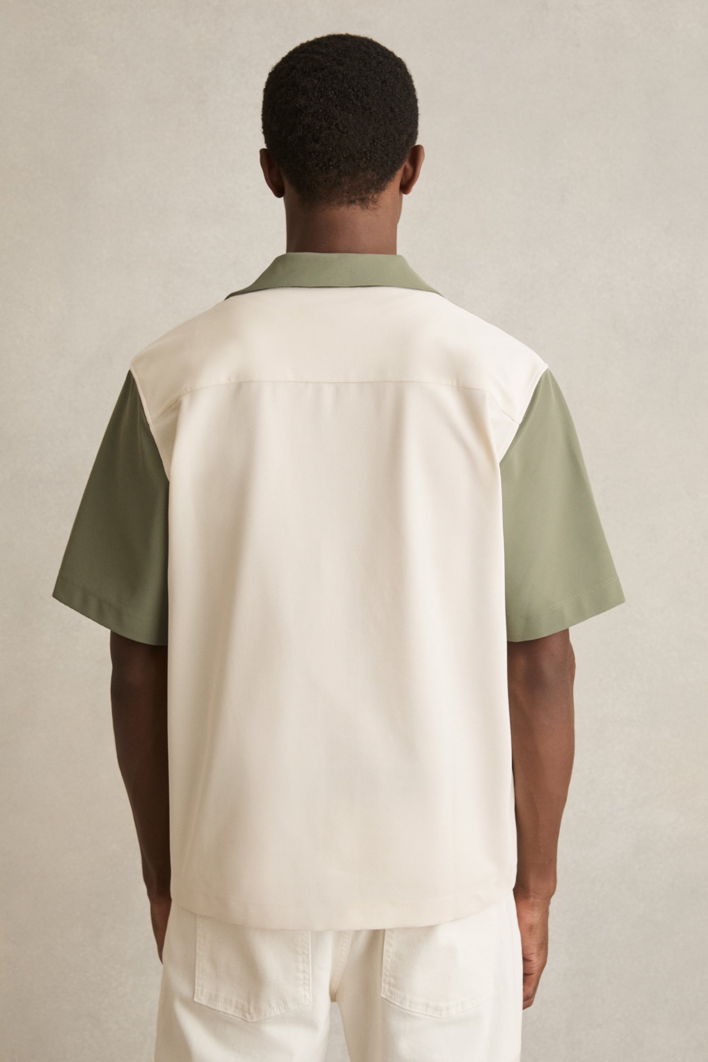 SS TEXTURED COLOUR BLOCK CUBAN SHIRT OFF WHITE/SAGE 3