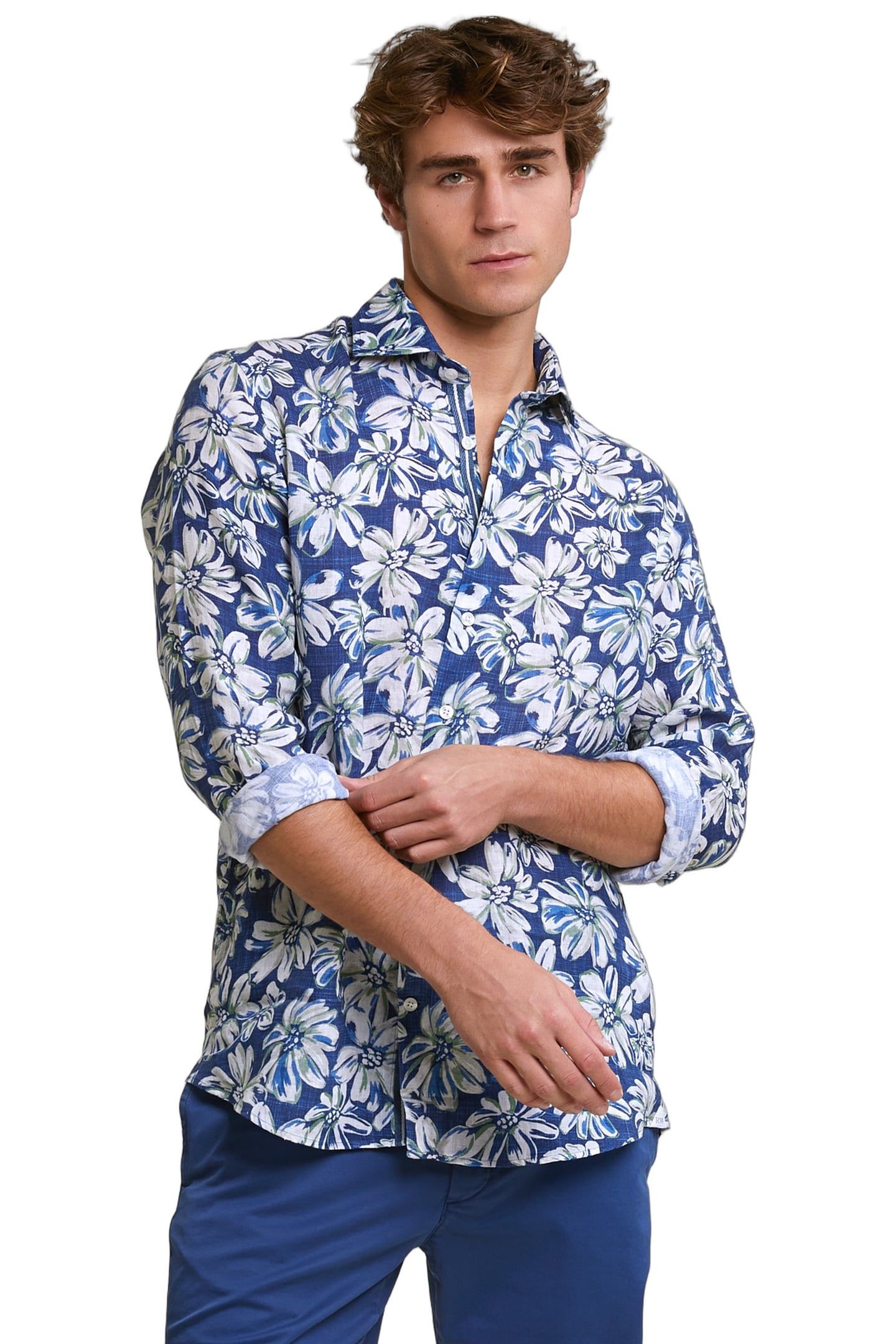 CUSTOM FIT LINEN FLORAL SHIRT BLUE/GREEN 1