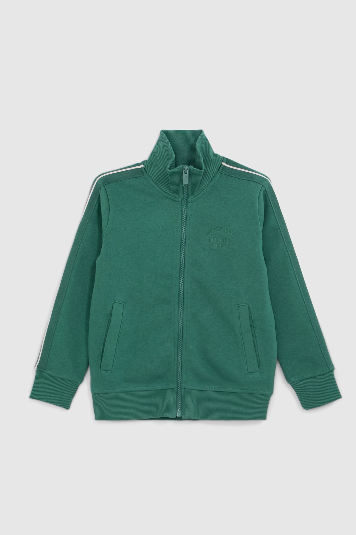 BOYS’ GREEN ZIPPED CARDIGAN WITH STRIPED BRAID ON SLEEVES 1