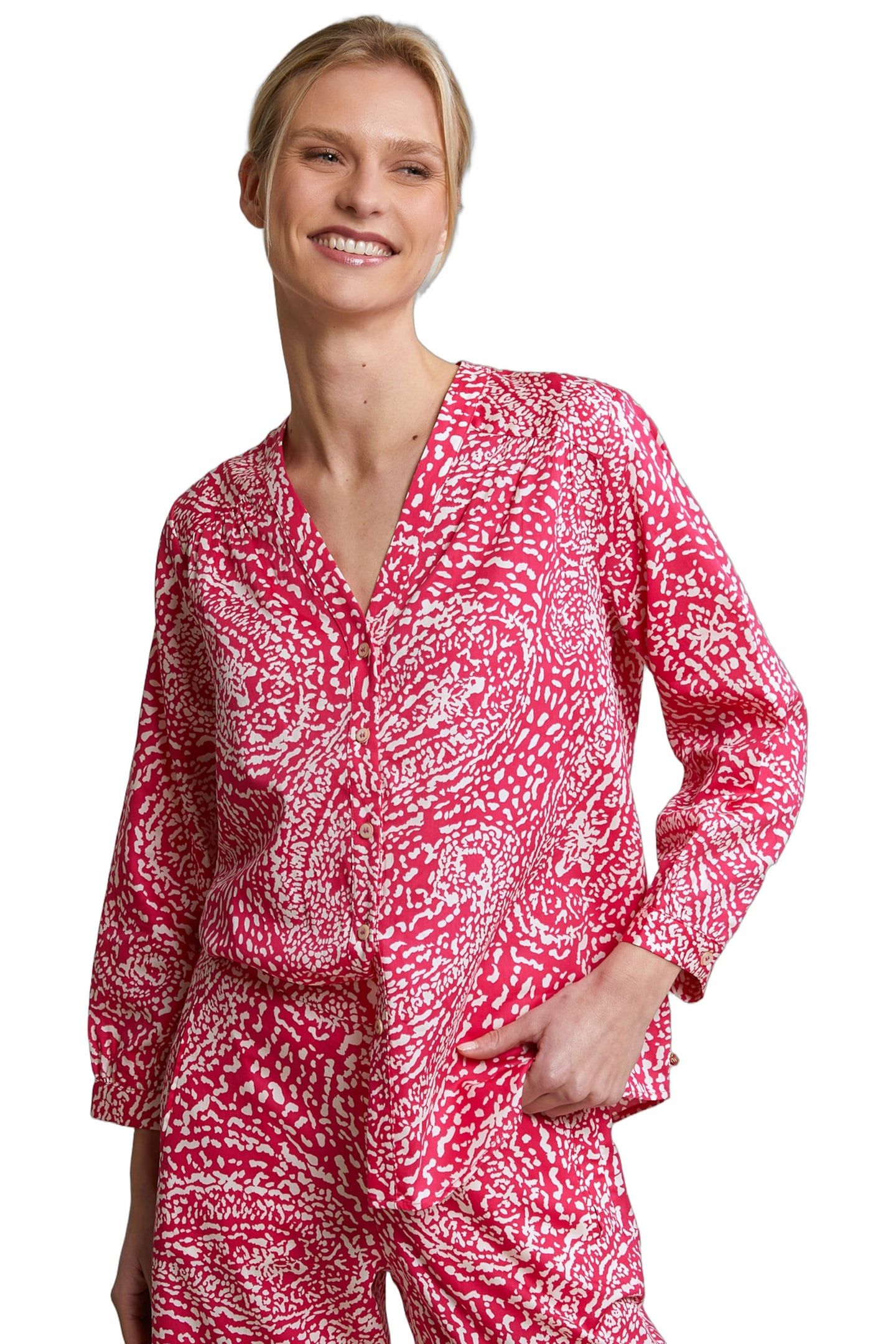 FUCHSIA/WHITE BUTTONED FANTASY V-NECK BLOUSE 1