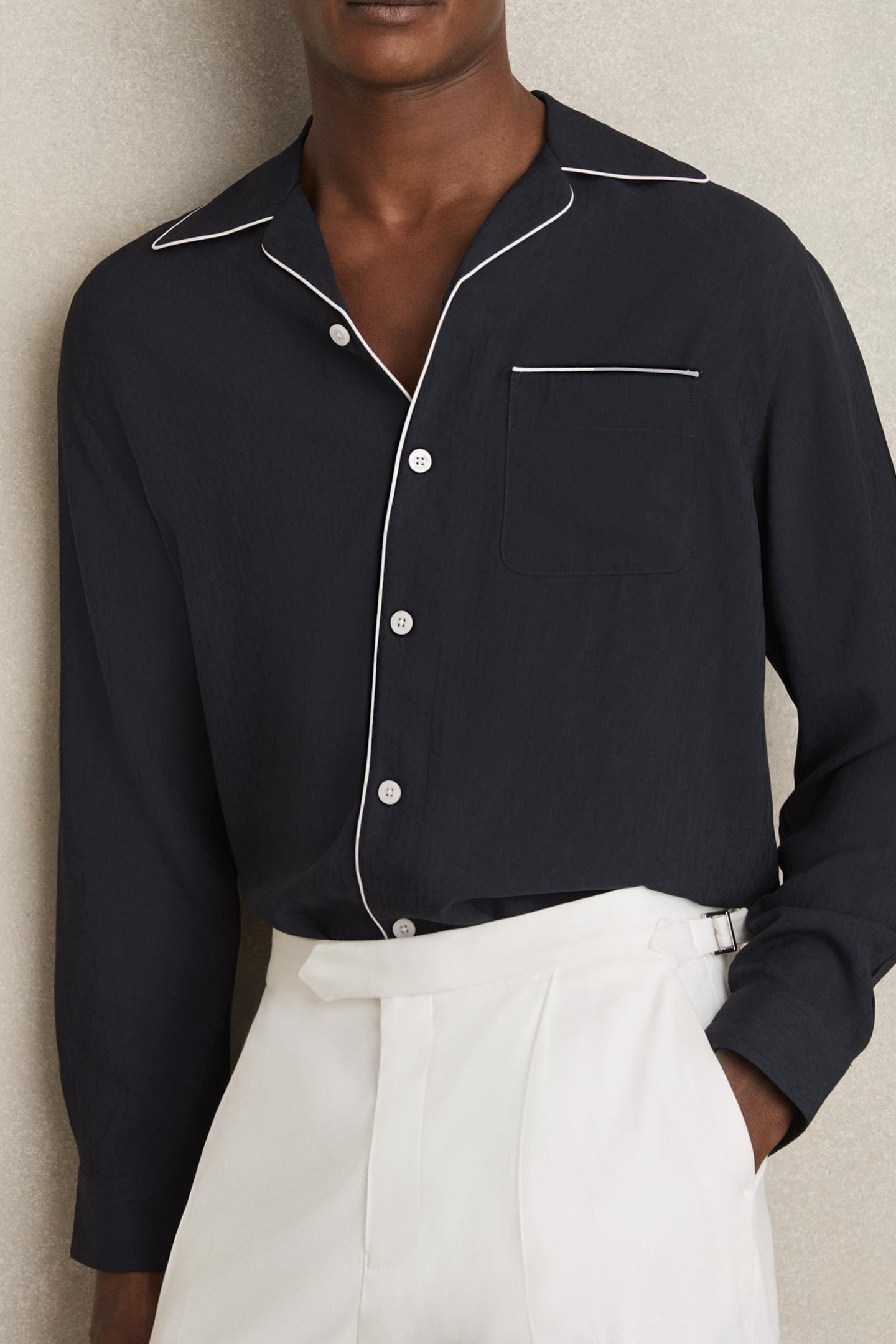 LS MONOGRAM JACQUARD CUBAN PIPED SHIRT NAVY 1