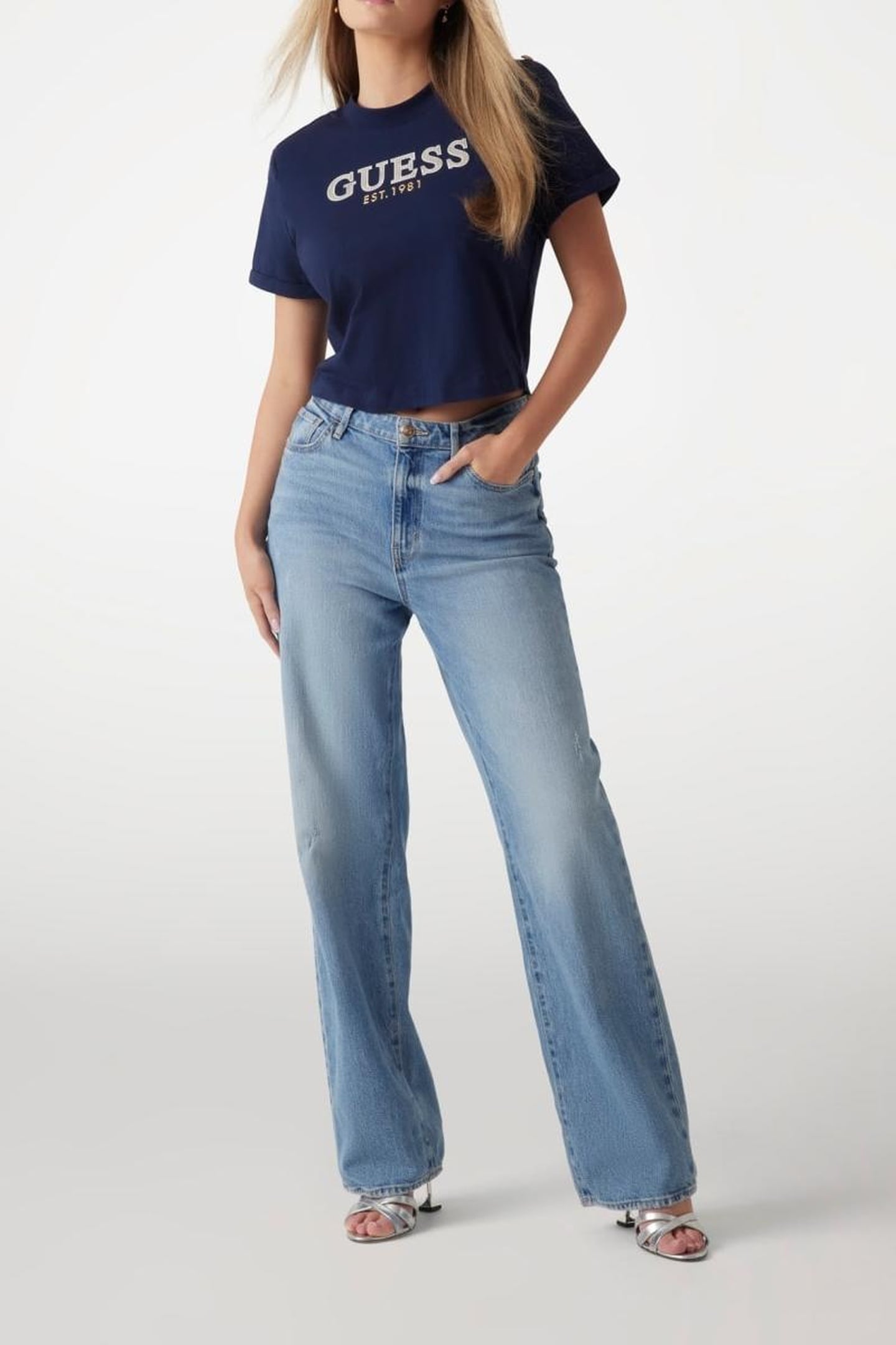 GUESS ECO CN SS CROPPED WASHED BLACKENED BLUE 9