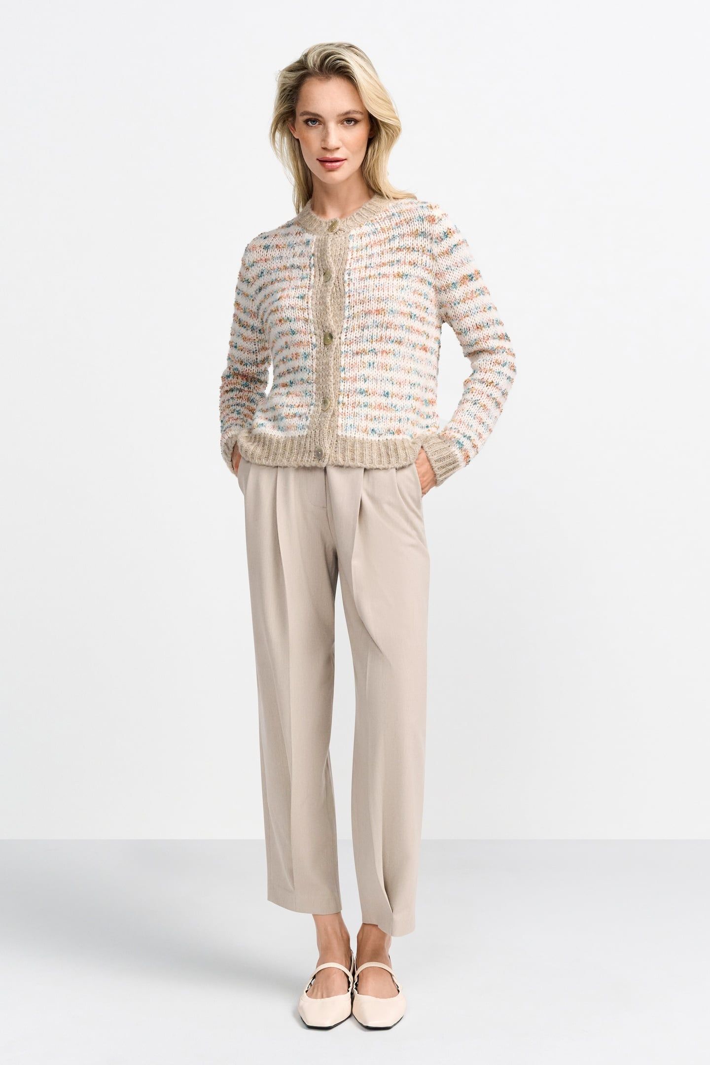 CREW-NECK CARDIGAN STRIPE CAFFEE LATTE 1