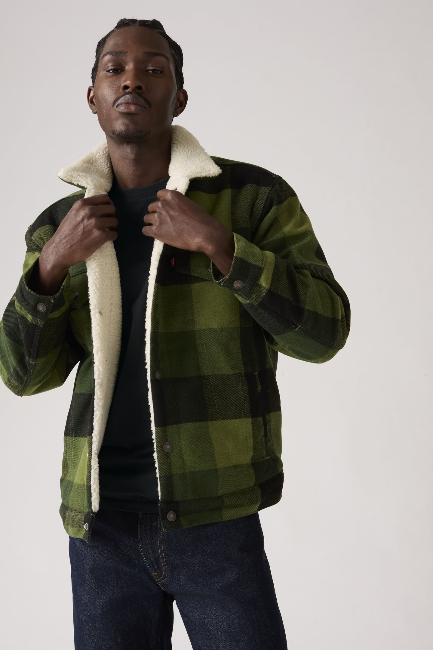RELAXED FIT PLAID SHERPA TRUCKER JACKET 2