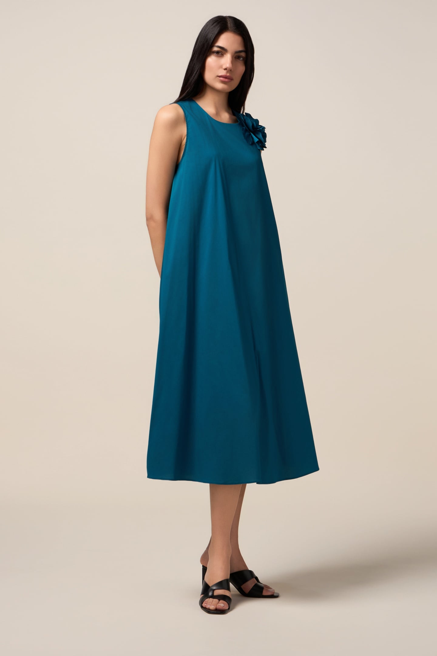 MIDI DRESS IN POPLIN WITH BROOCH TEAL 1