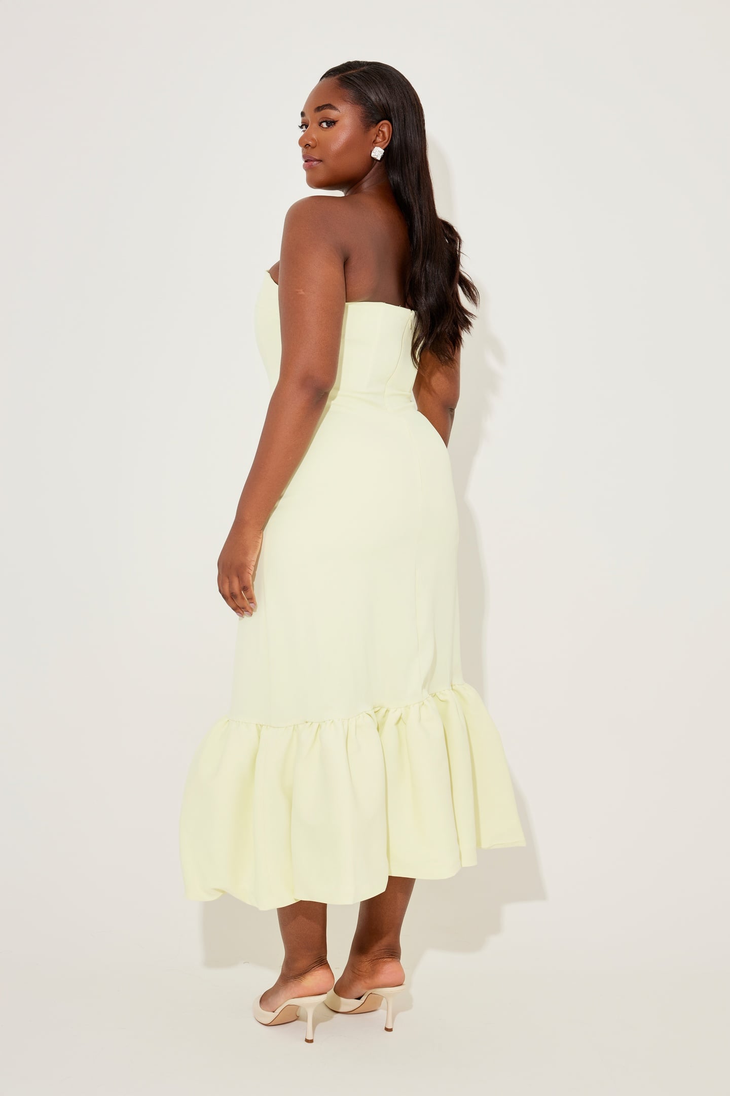 STRAPLESS PEPLUM MIDI DRESS LIME CREAM 2