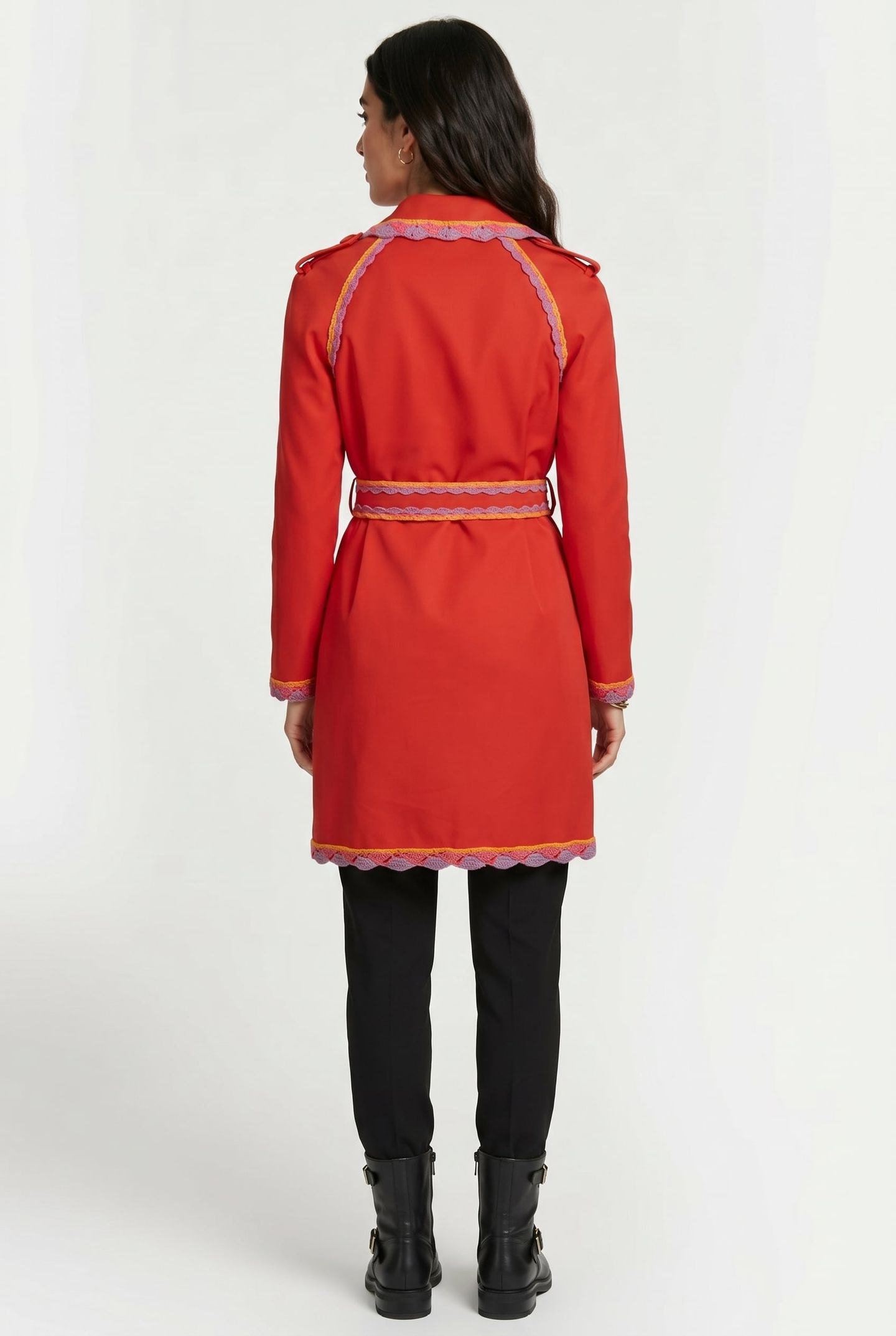 GABARDINE TRENCH COAT CROCHET DETAILS RED 2
