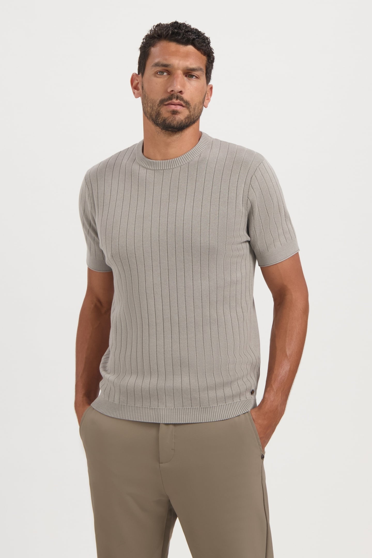 PULLOVER SHORT SLEEVE CREWNECK SOLID DROPNEEDLE STRIPE CLAY 2
