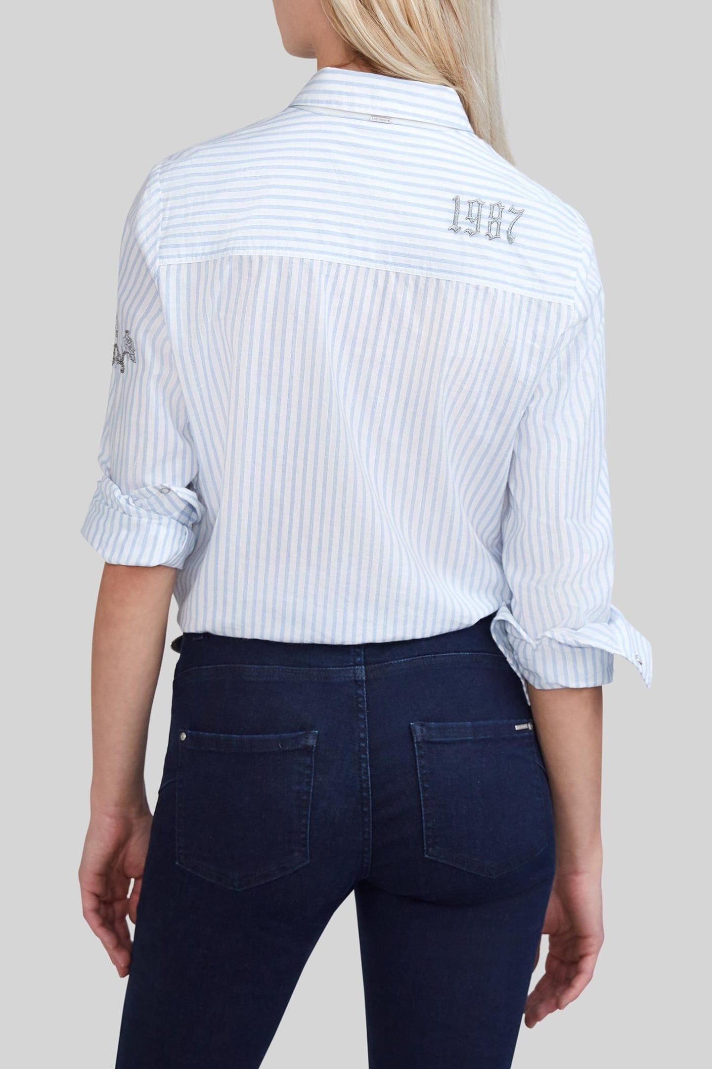 BLUE METALLIC STRIPED SHIRT WITH EMBROIDERY 3