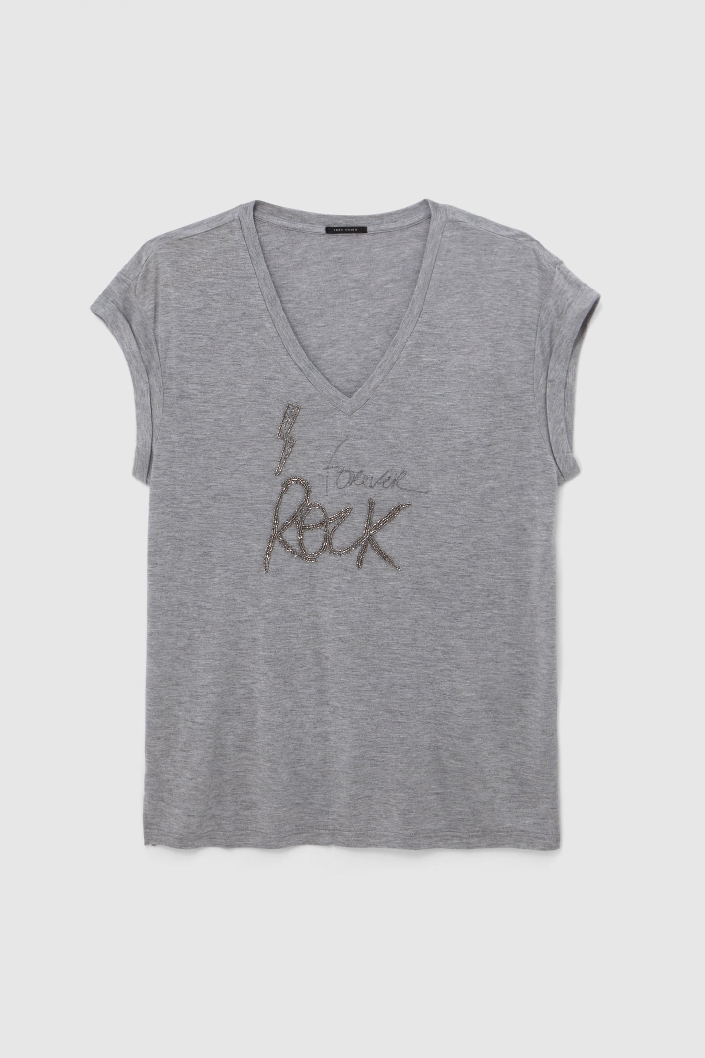 GREY T-SHIRT WITH EMBROIDERED THREAD & BEAD SLOGAN 1