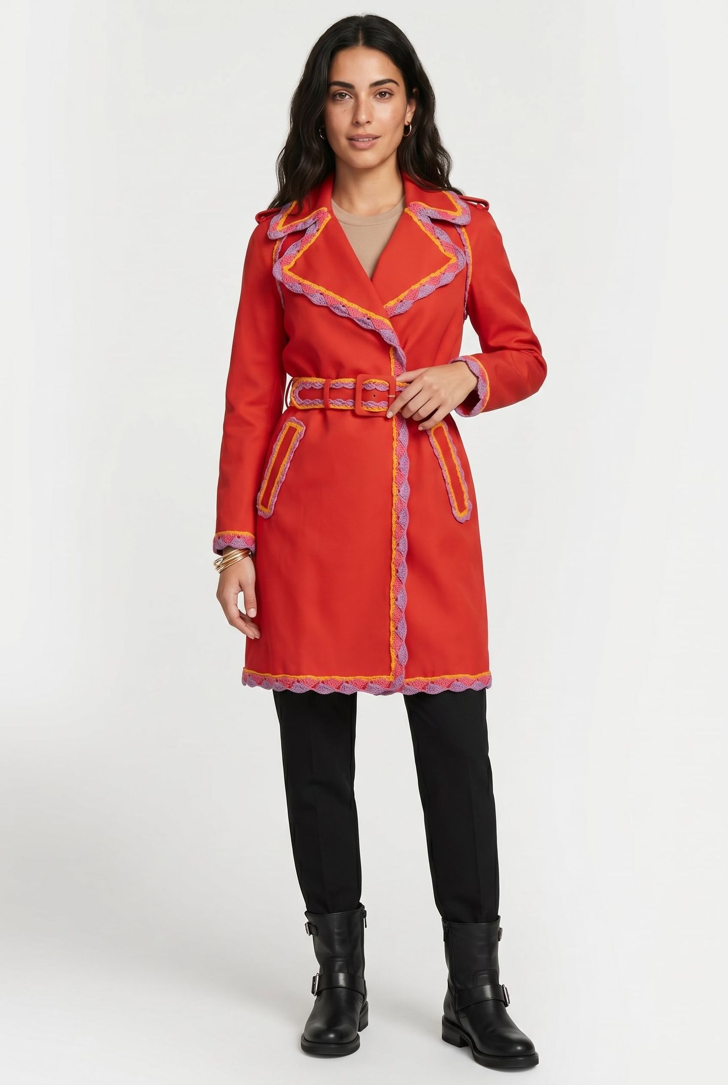 GABARDINE TRENCH COAT CROCHET DETAILS RED 1