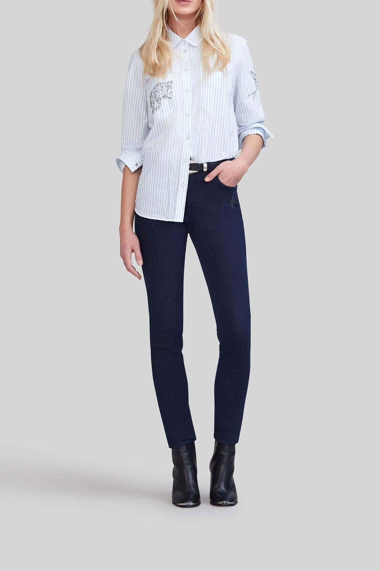 BLUE METALLIC STRIPED SHIRT WITH EMBROIDERY 1