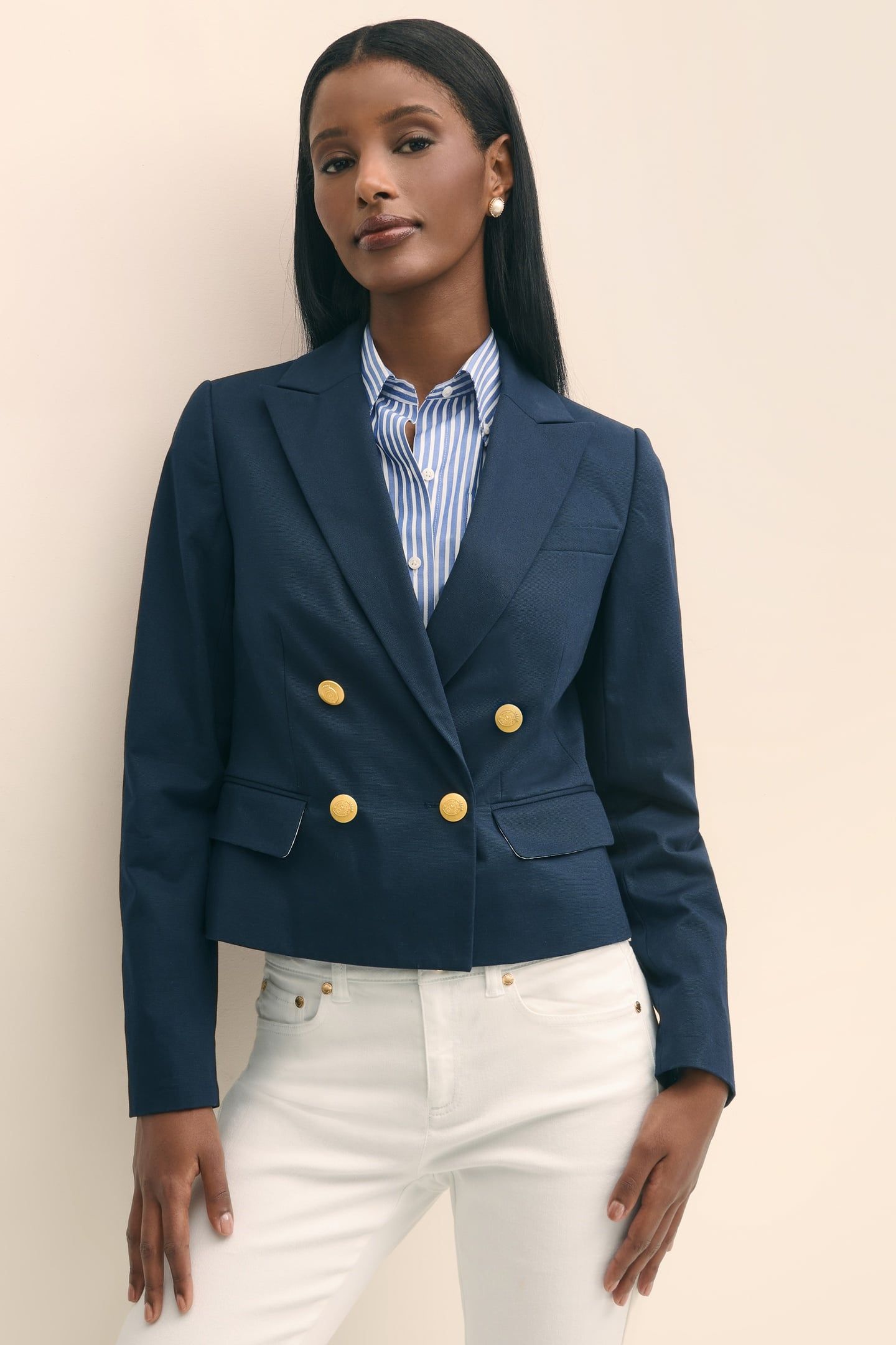 CROPPED DOUBLE-BREASTED FAILLE BLAZER NAVY 1