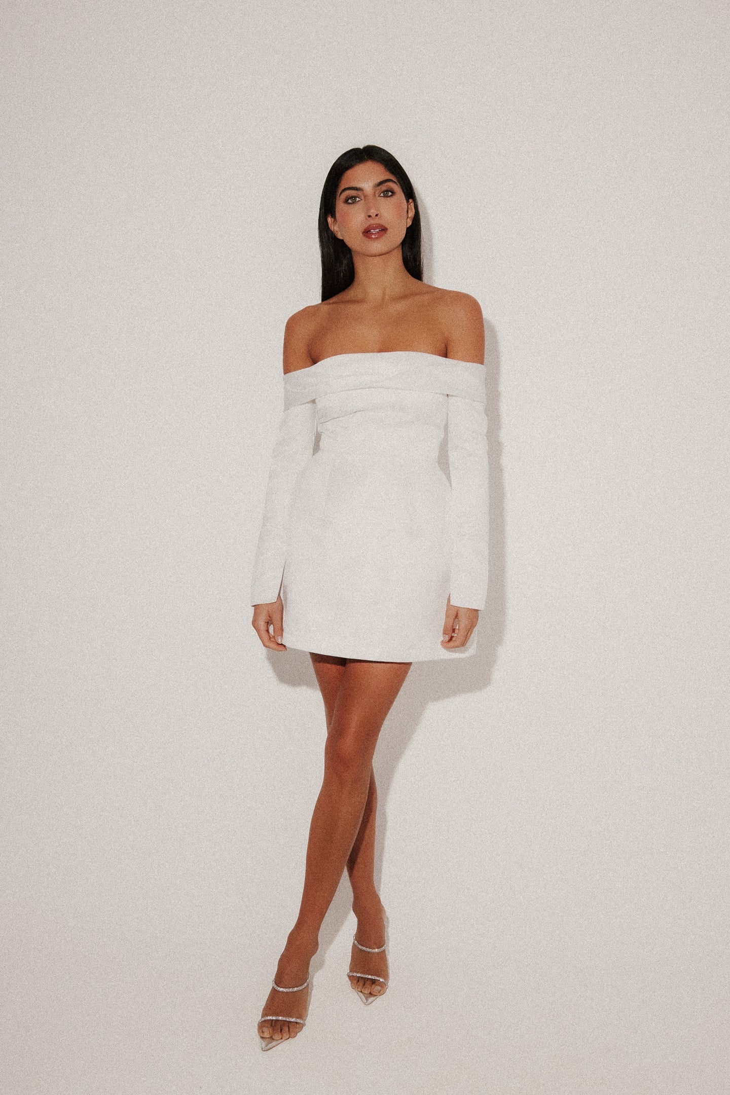 SATIN BARDOT MINI DRESS WHITE 1