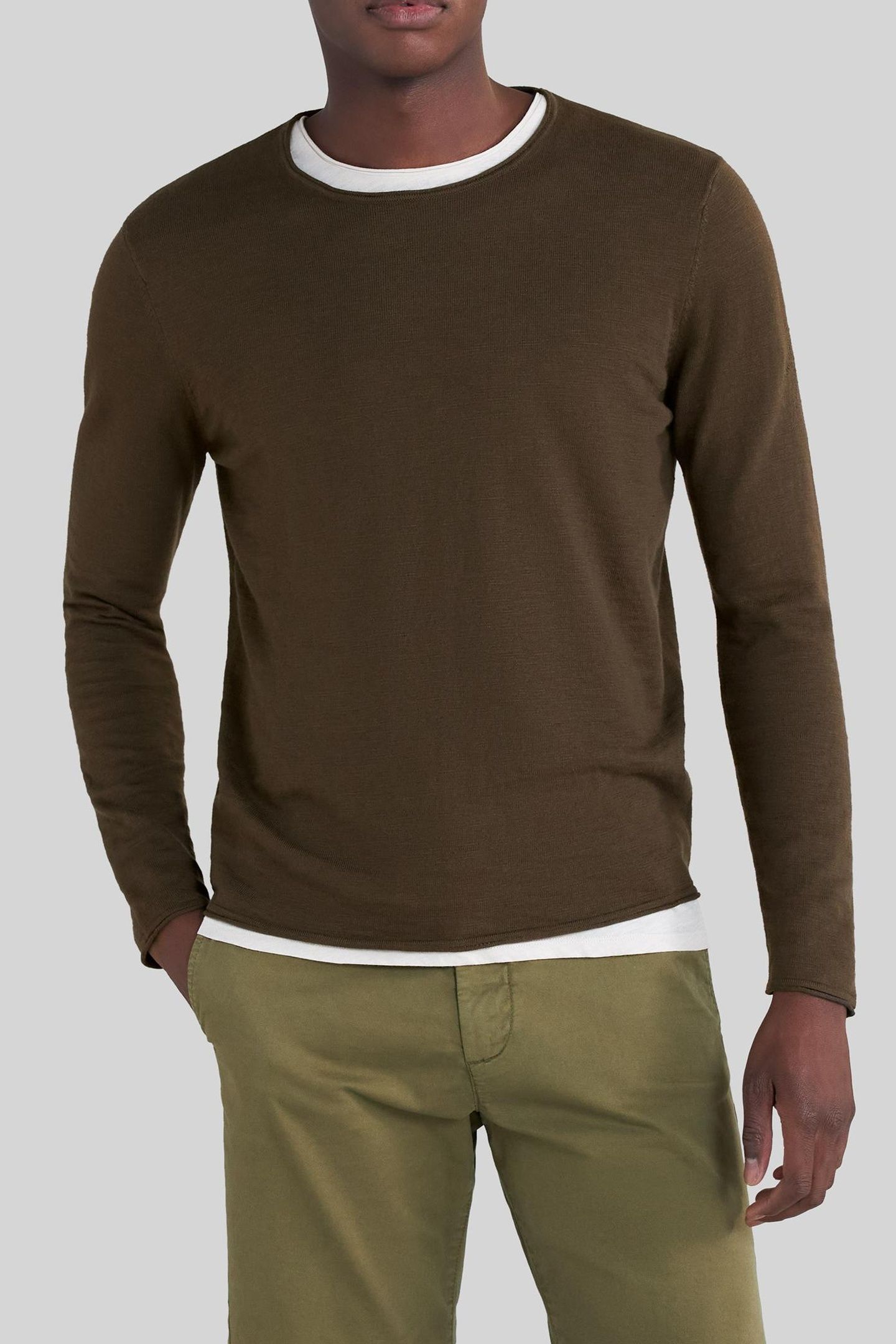 KHAKI SLUB KNIT SWEATER WITH ROLLED EDGES 1