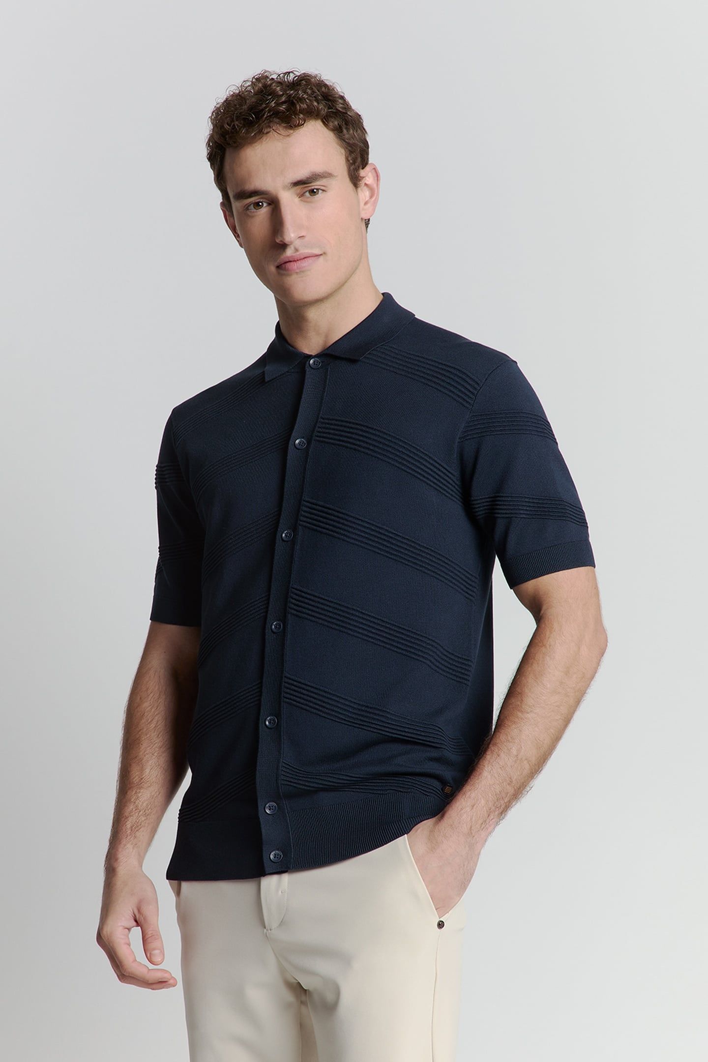 PULLOVER SHORT SLEEVE FULL BUTTON POLO RELIEF KNIT DEEP BLUE 3