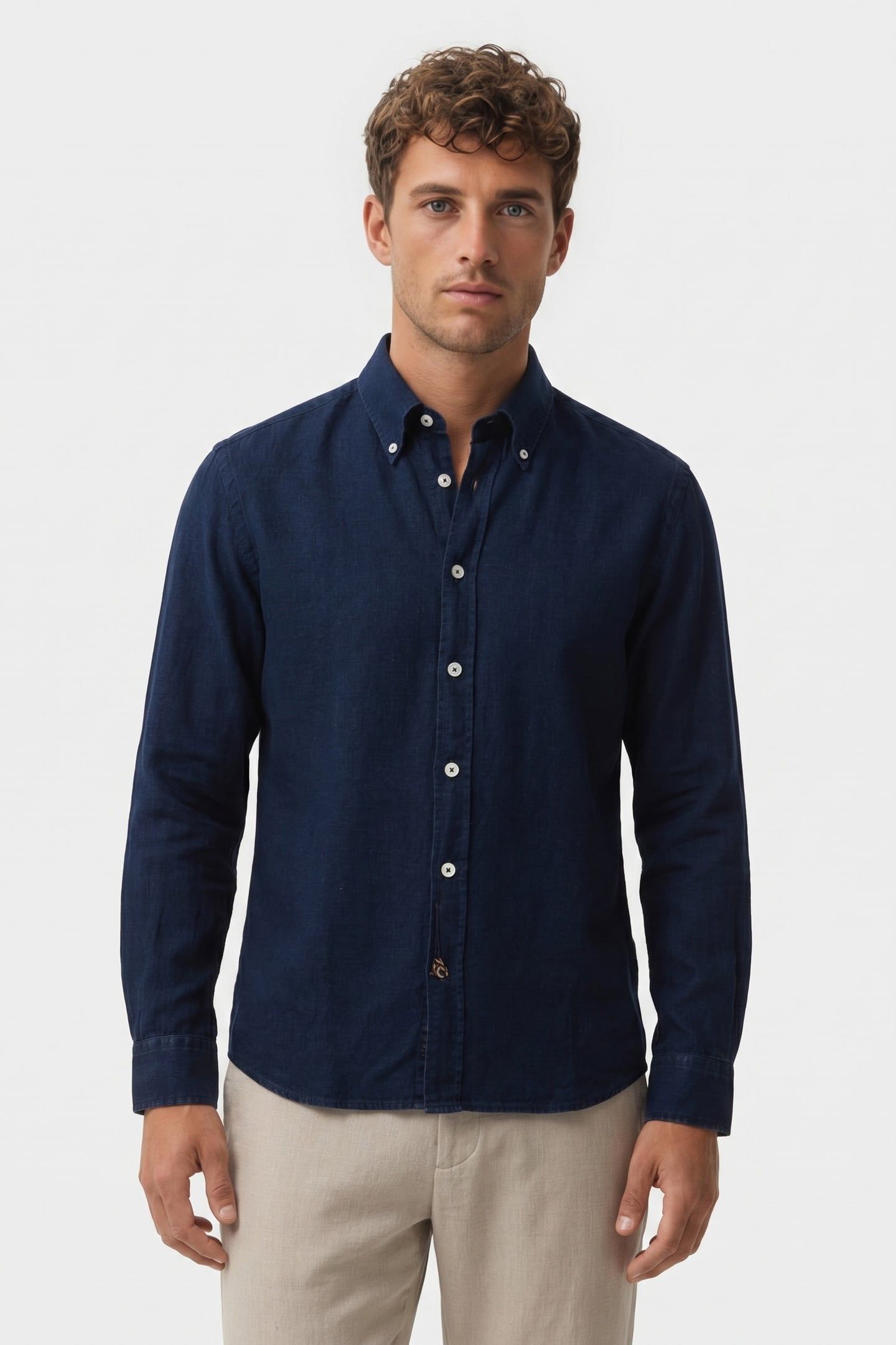 SLIM FIT COTTON-LINEN CHAMBRAY BUTTON DOWN SHIRT BLUE 2