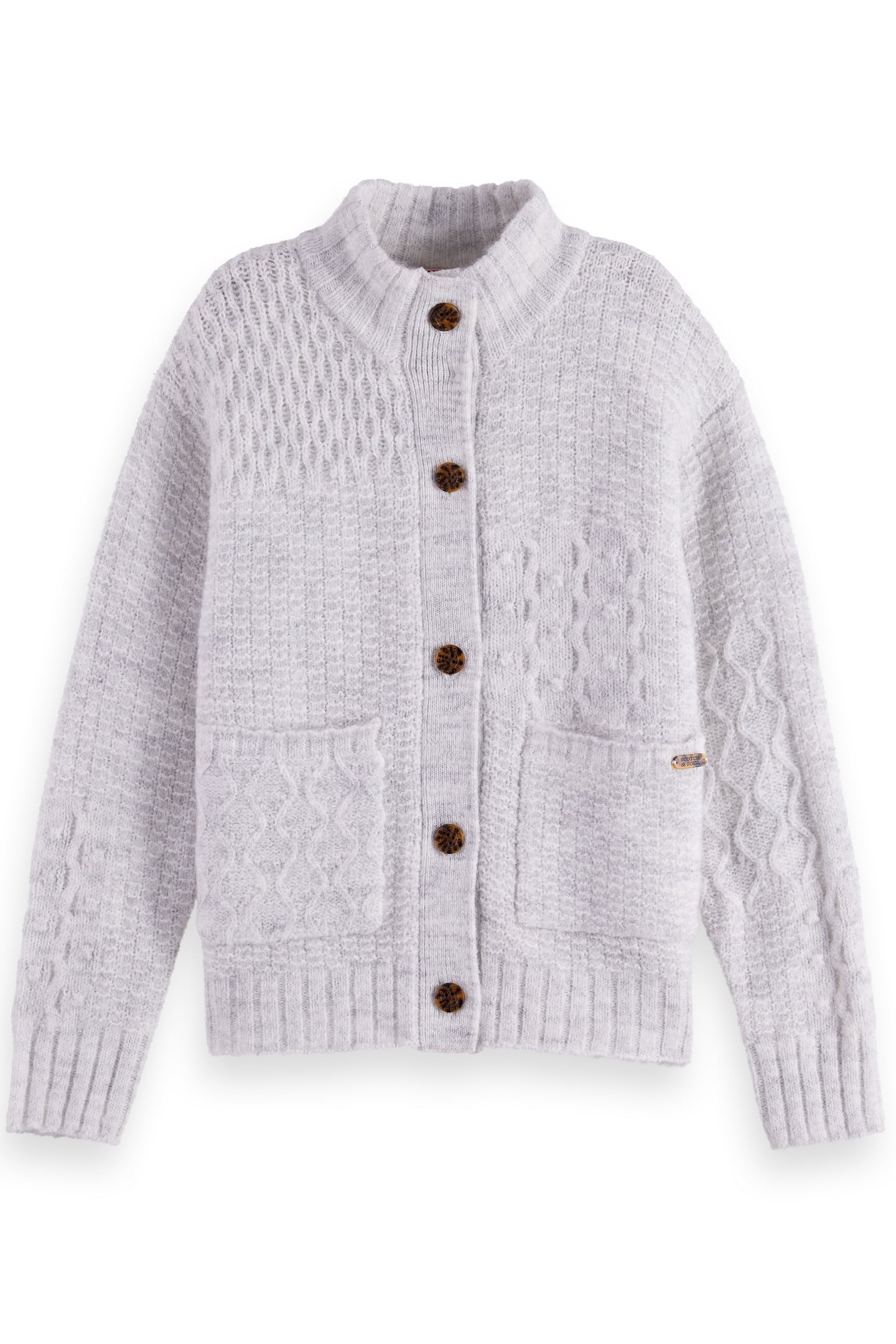 GIRL PATCHWORK MELANGE ALPACA-BLEND CARDIGAN LIGHT GREY MELA 1