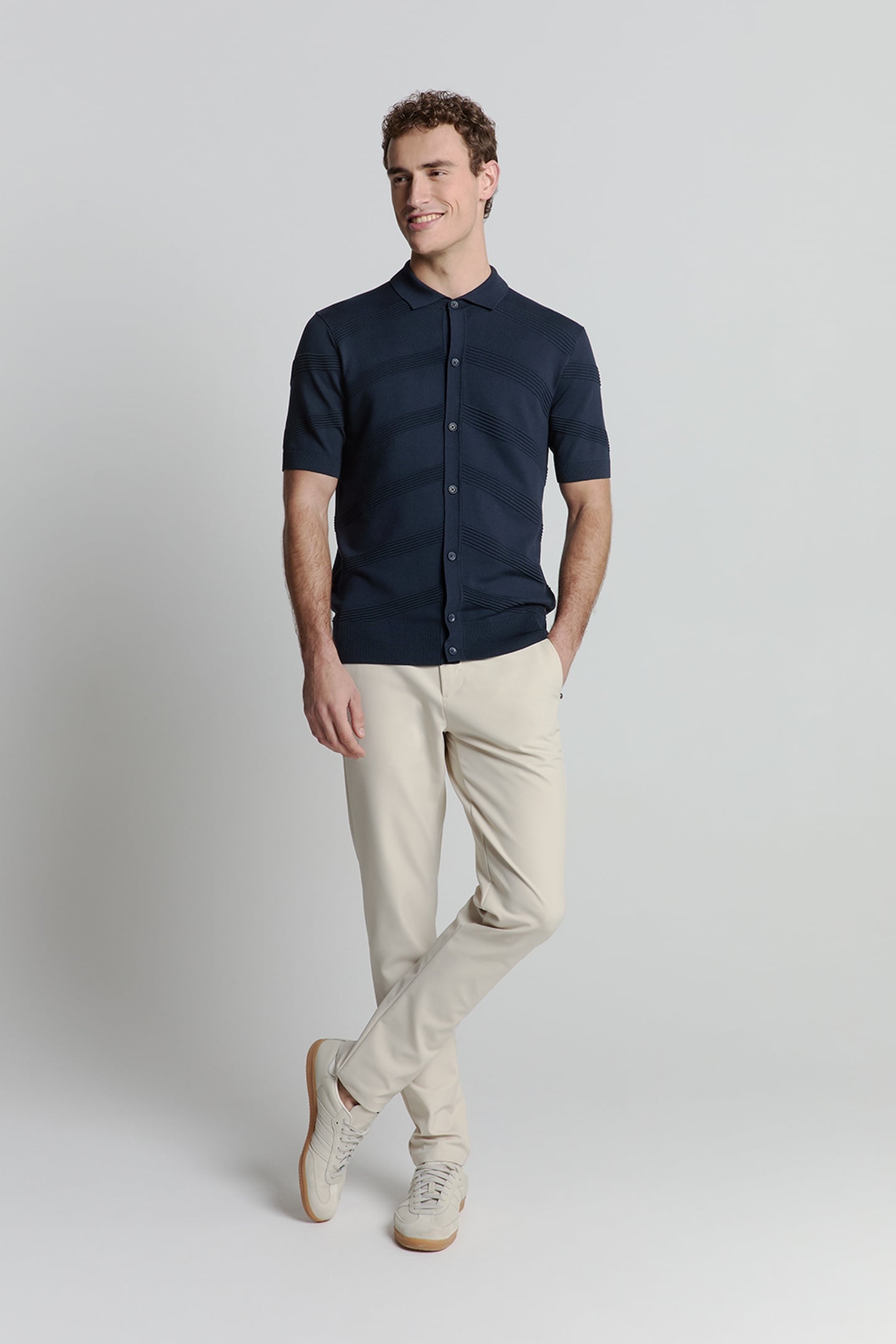 PULLOVER SHORT SLEEVE FULL BUTTON POLO RELIEF KNIT DEEP BLUE 1
