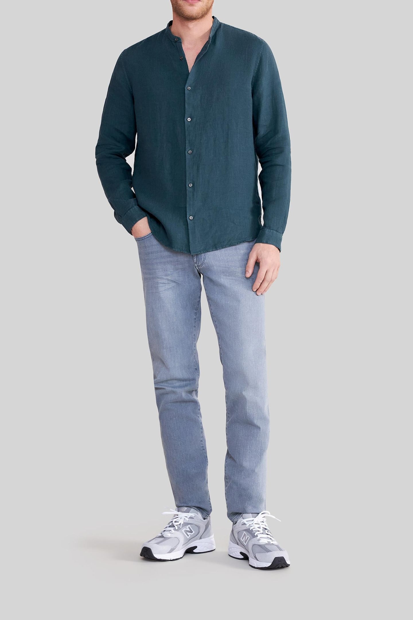 SLATE PURE LINEN REGULAR SHIRT WITH MANDARIN COLLAR 1