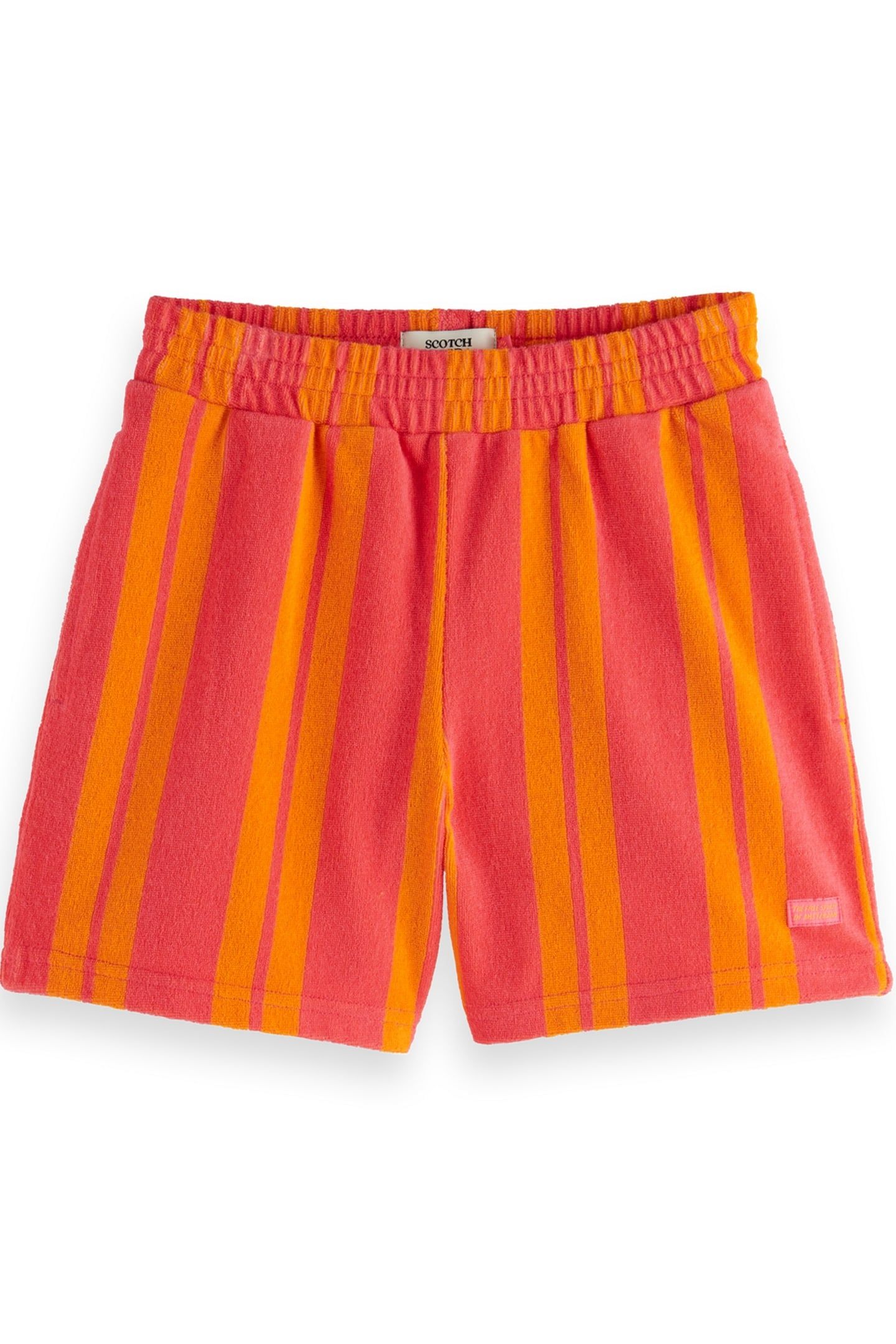 GIRL TOWELLING CAMP SHORTS ELECTRIC PINK/ ORANGE STRIPE 1