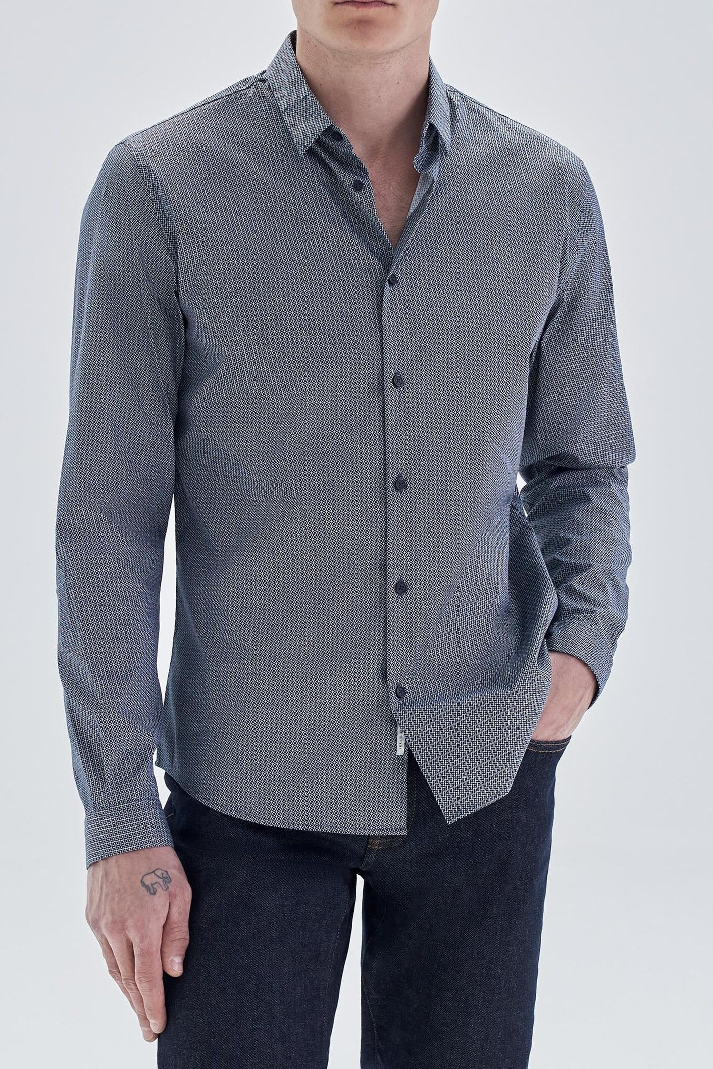 NAVY MINIMALIST PRINT EASY CARE SLIM SHIRT 1