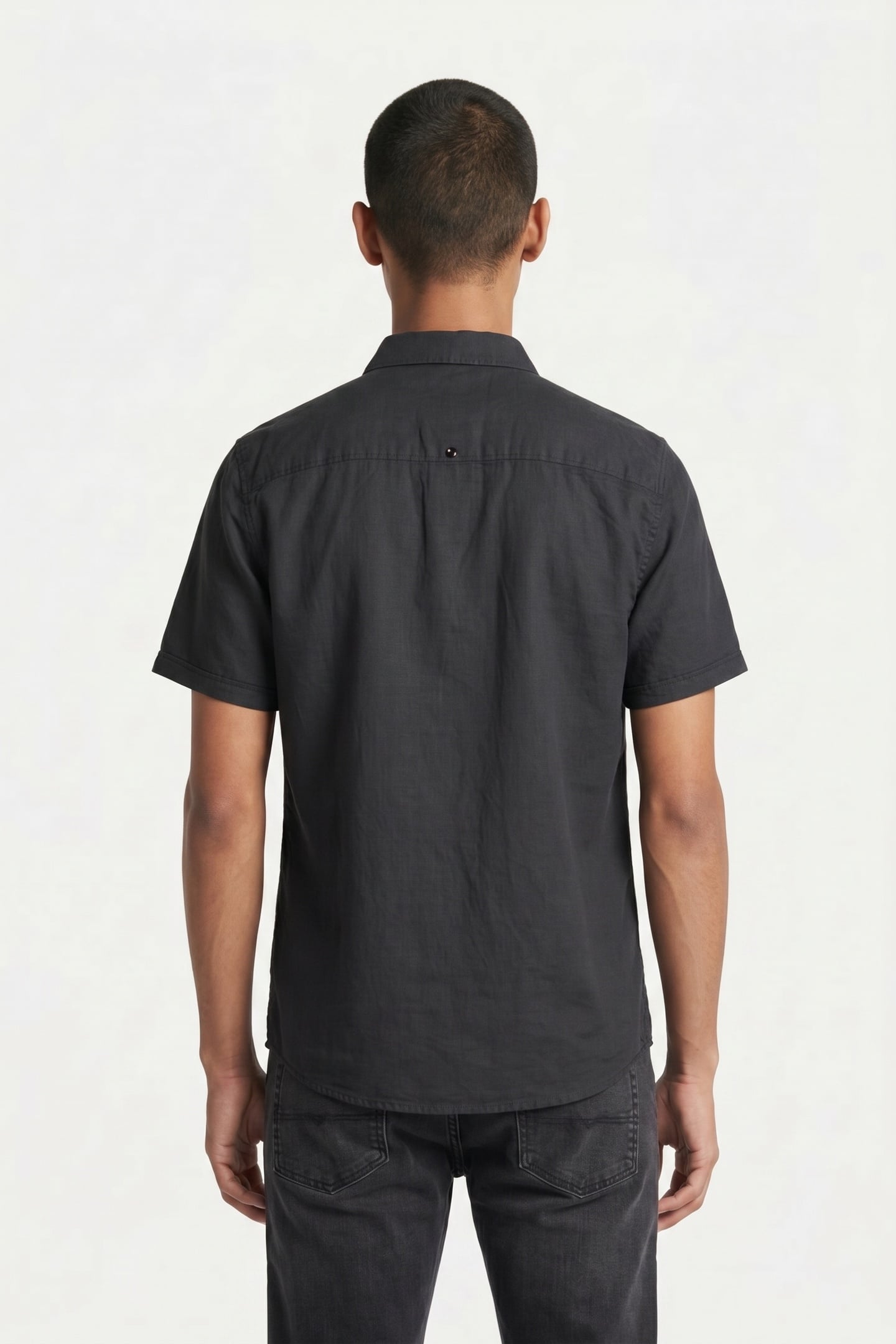 SHIRT SHORT SLEEVE SOLID WITH LINEN DARK STEEL 2