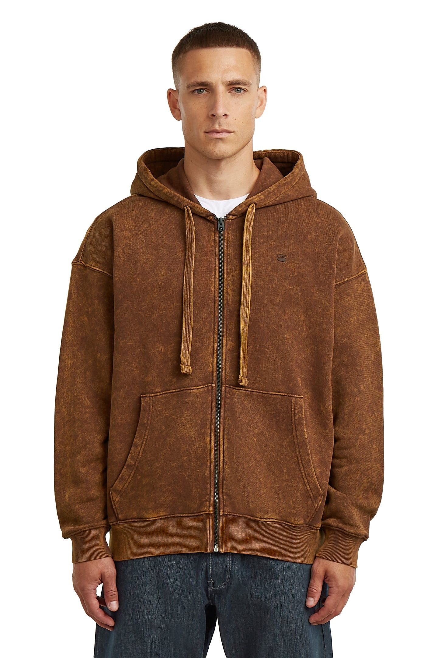 WASHED LOOSE FULL ZIP HOODED SWEATER POTTING SOIL SMOKEY 1