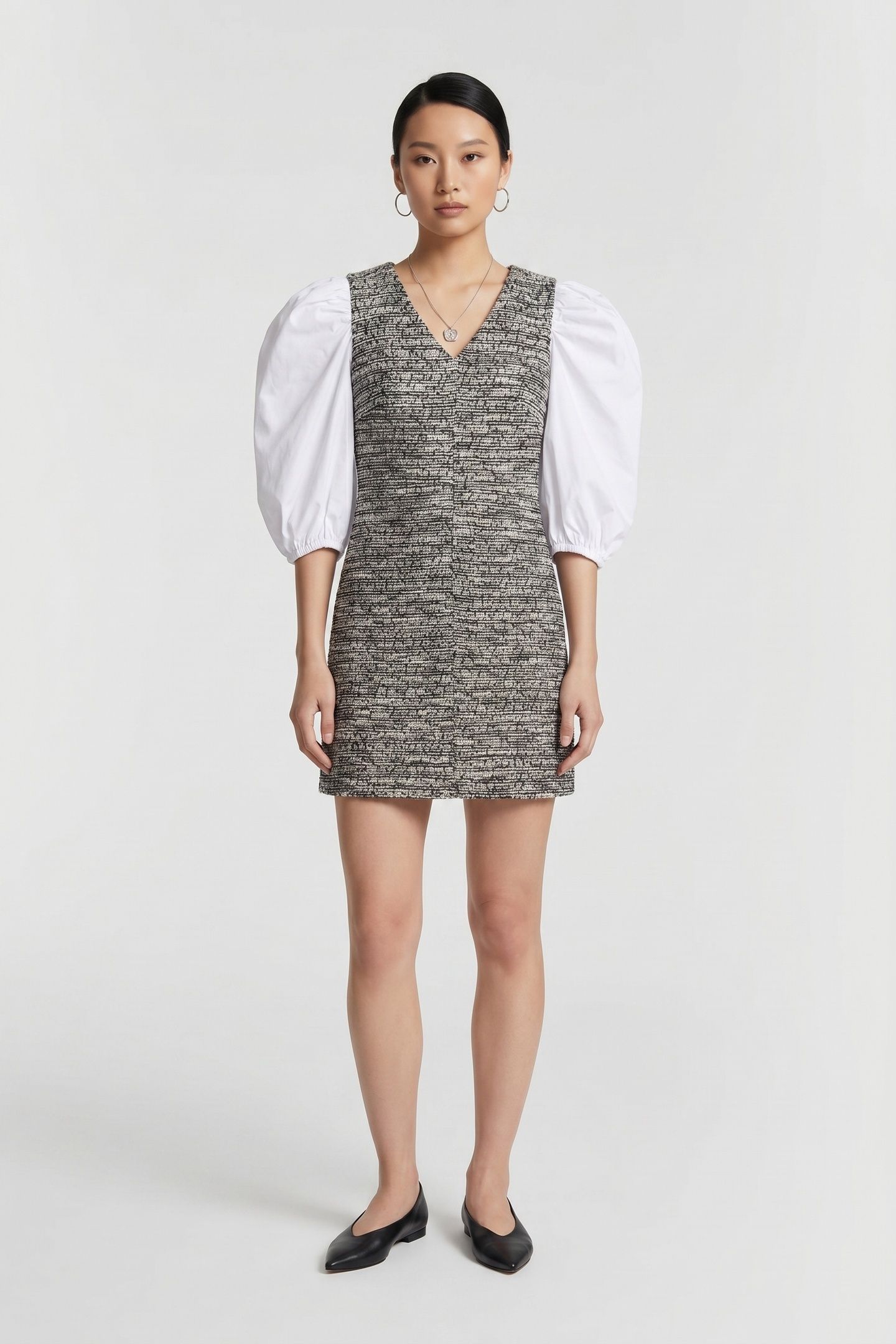 BOUCLE POPLIN SLEEVE DRESS BLACK/WHITE BOUCLE 1