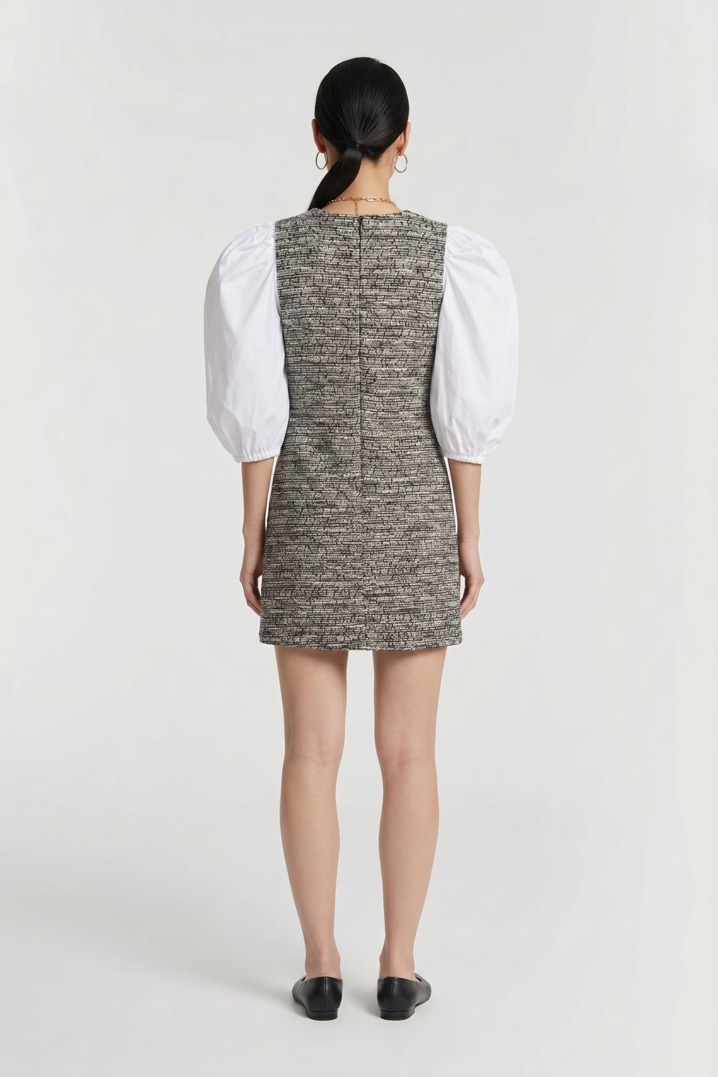 BOUCLE POPLIN SLEEVE DRESS BLACK/WHITE BOUCLE 2