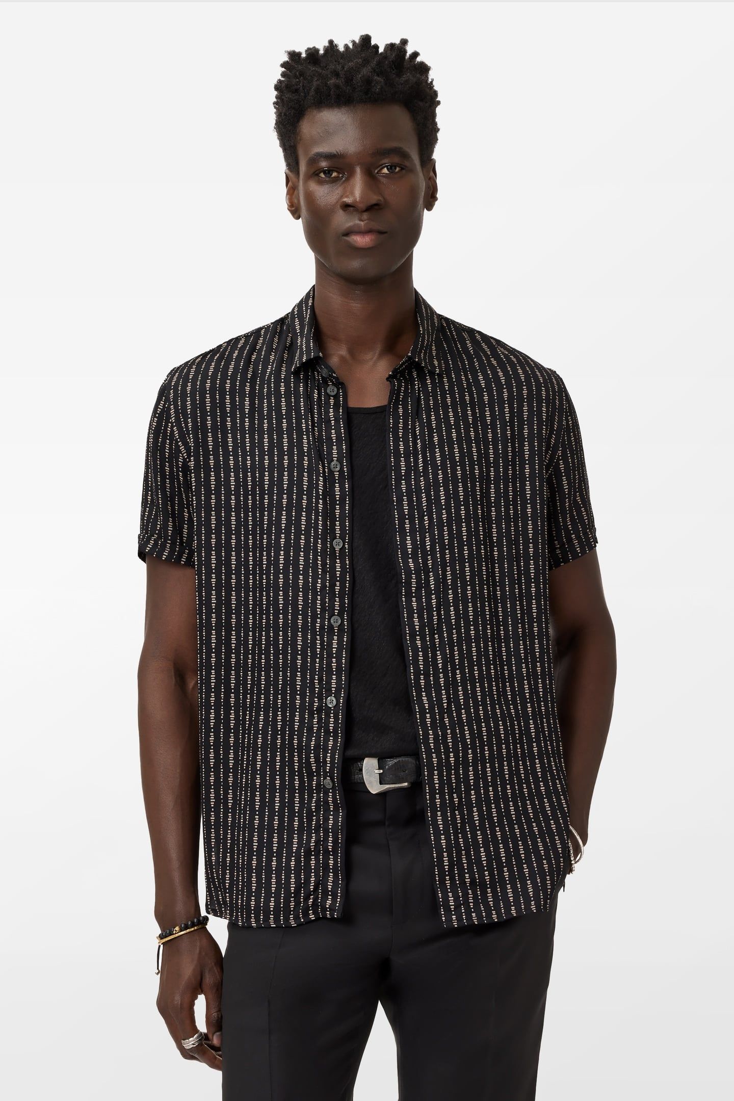 LOREN SS COVERED PLACKET SHIRT IN STRIAT BLACK 1
