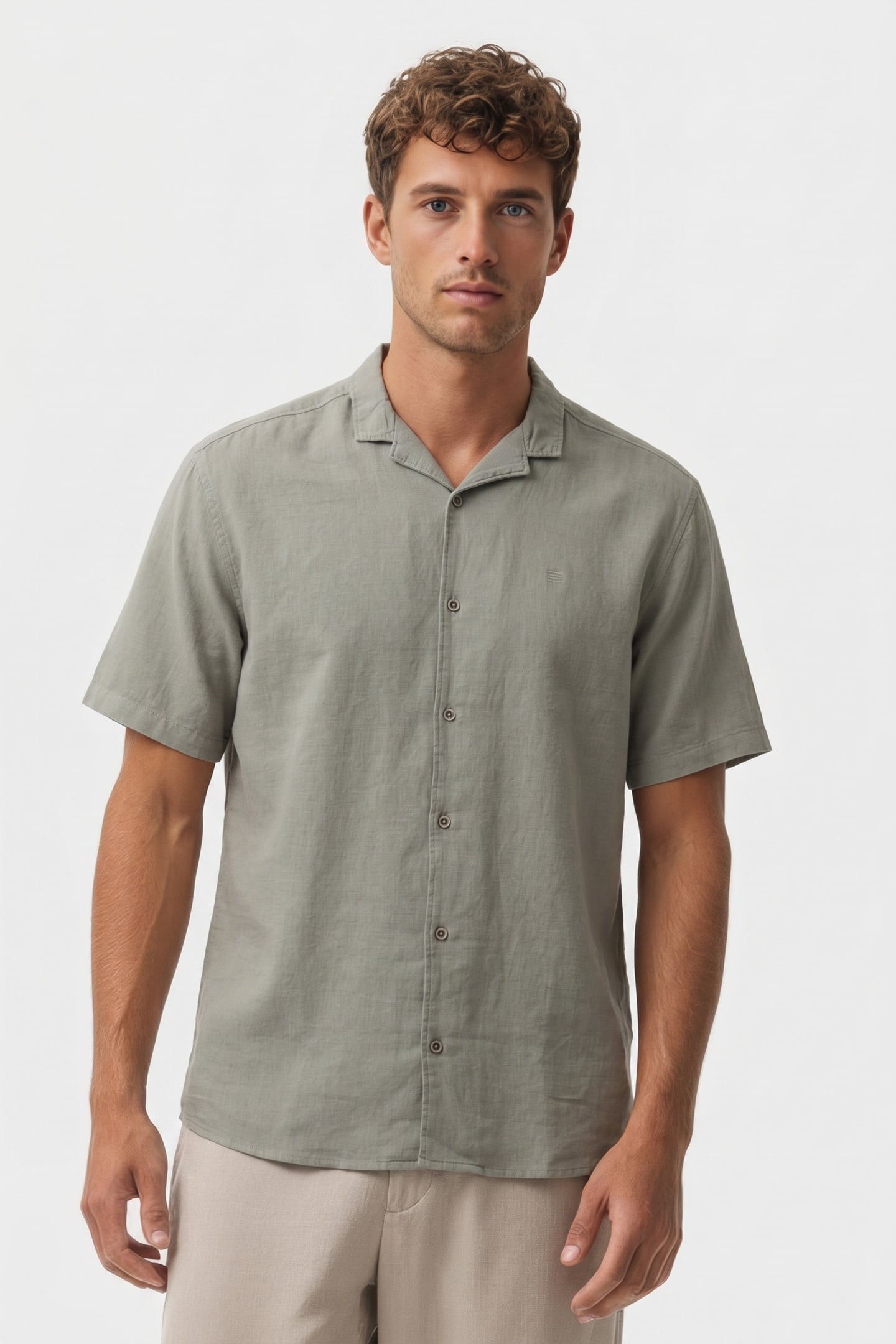 SHIRT SHORT SLEEVE REVERS COLLAR SOLID WITH LINEN SMOKE 1
